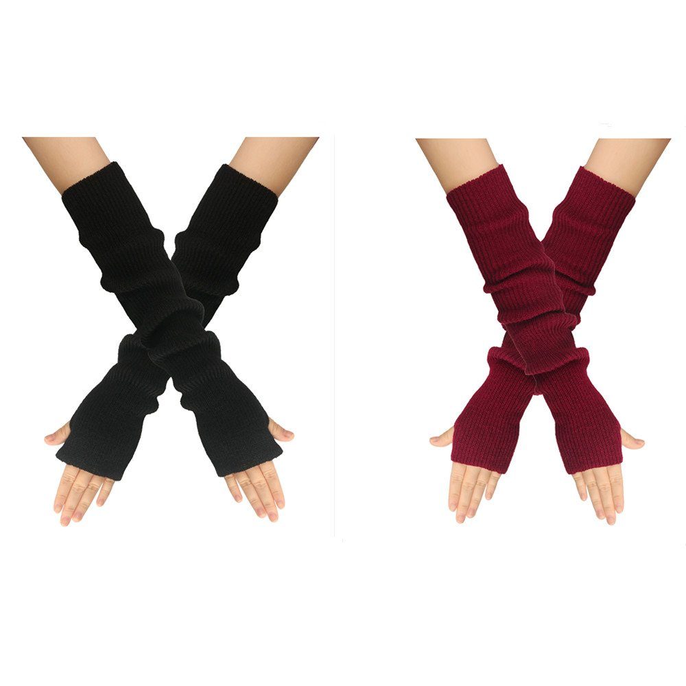 XDeer Strickhandschuhe 2 Paar Lange Fingerlose Handschuhe,Winter Stricken Halbfingerhandschuhe Armstulpen mit Daumenloch für Damen black+red