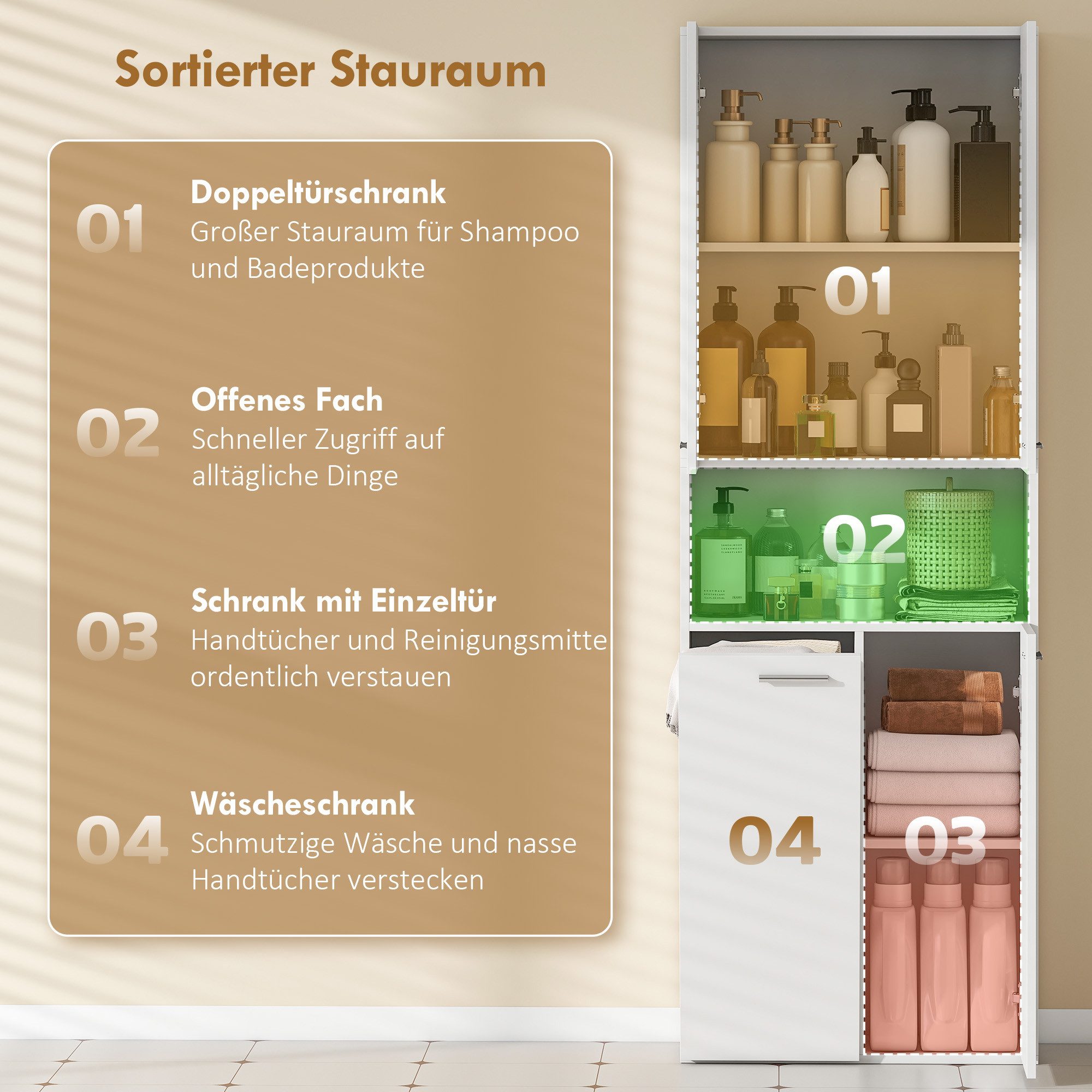 HOMCOM Badkommode Toilettenschrank mit Ausklappbarer Wäschekorb, offenes Fach (Badschrank, 1 St., Hochschrank), weißer Badezimmerschrank mit Soft-Close-Türen – Bild 4 von 5