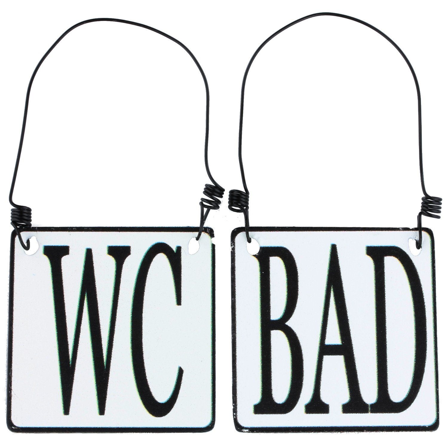 Macosa Home Hängedekoration 2er Set WC & Bad Tür-Schild Emaille-Optik Schwarz Weiß 8 x 8 cm (2 St), Landhaus Metallschild Hinweisschild Draht-Aufhängung Deko-Accessoire