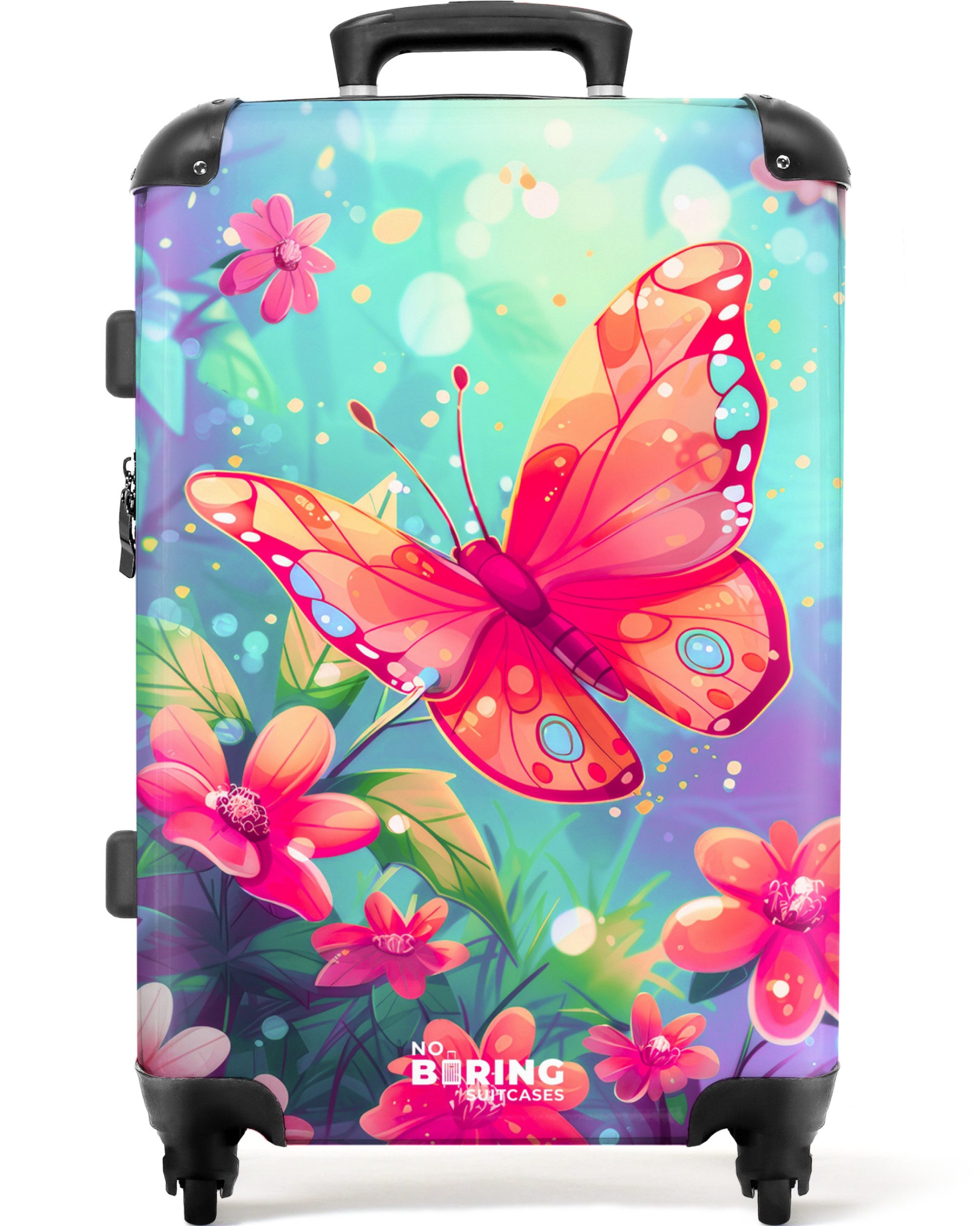 NoBoringSuitcases.com© Kinderkoffer mit leuchtende Räder - Schmetterling - Blumen - Farbenfroh 67 cm - 72, 4 Rollen, Koffer Mittelgroß für 20kg, Suitcase für Erwachsene, Reisekoffer