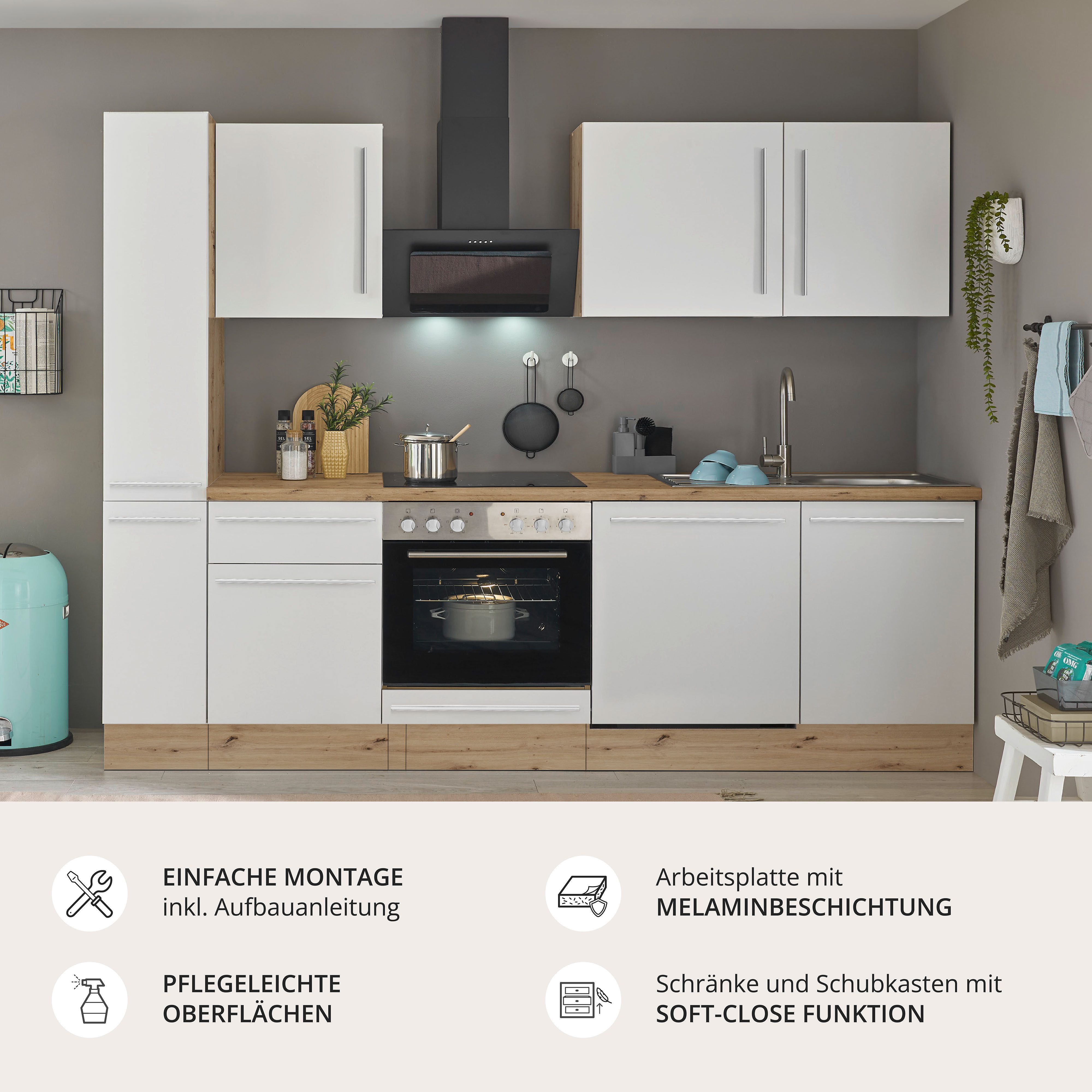 KOCHSTATION Küchenzeile Florida, Breite 250 cm, wahlweise mit E-Geräten,Softclose für Türen/Schubkästen