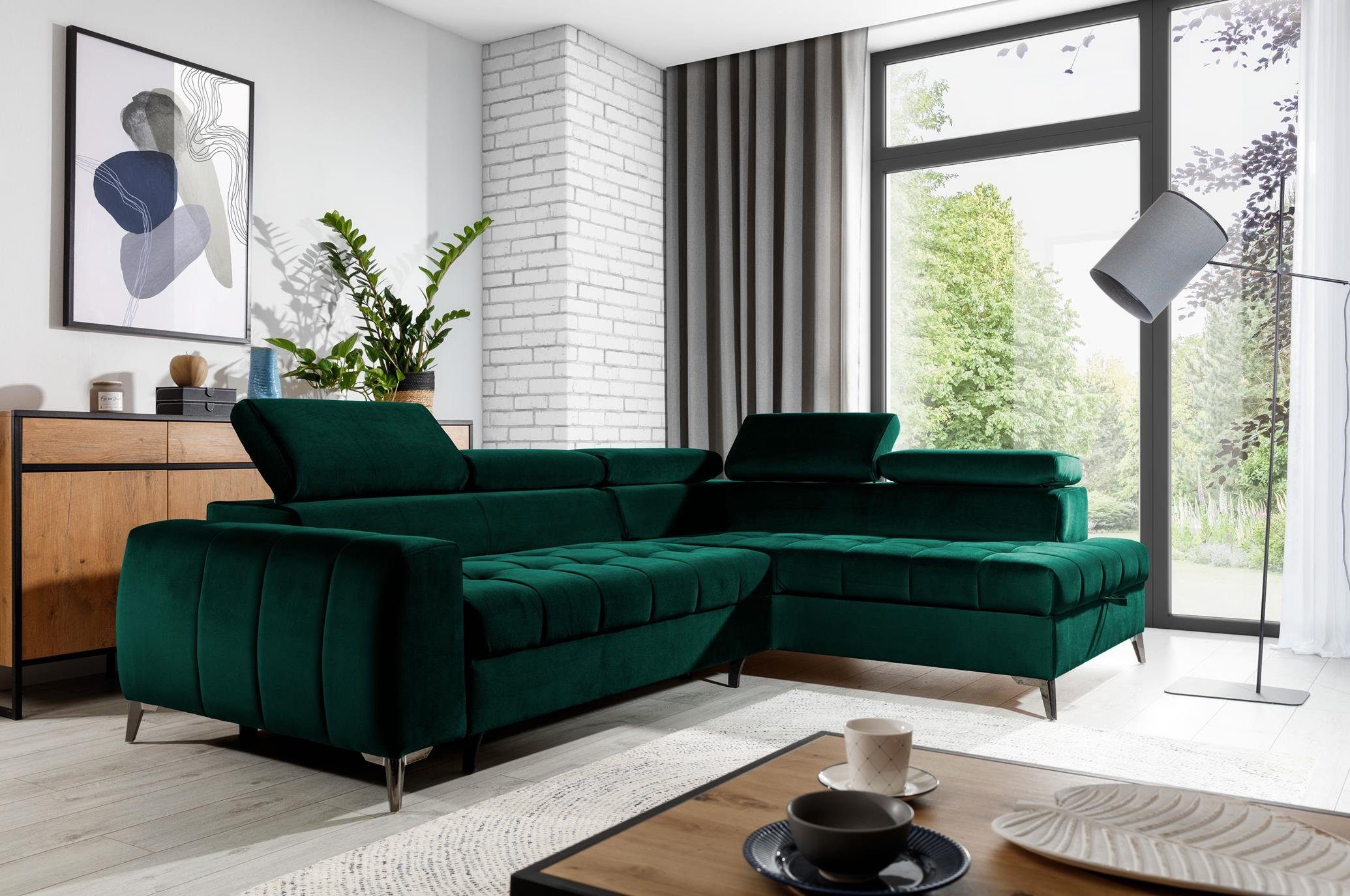 Furnix Ecksofa TOULOUS Sofa mit Schlaffunktion Automat DL Auswahl, hochwertige Verarbeitung Maße: B275 x H95 x B200 cm Dunkelgrün