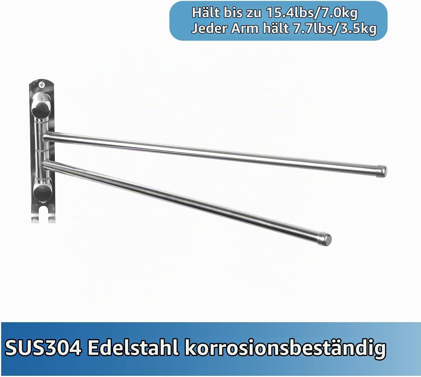 Forrlite Handtuchhalter Handtuchhalter Wand 180° drehbar, 2-armig schwenkbar, Handtuchstange mit Haken, platzsparend für Bad und Küche – Bild 5 von 5