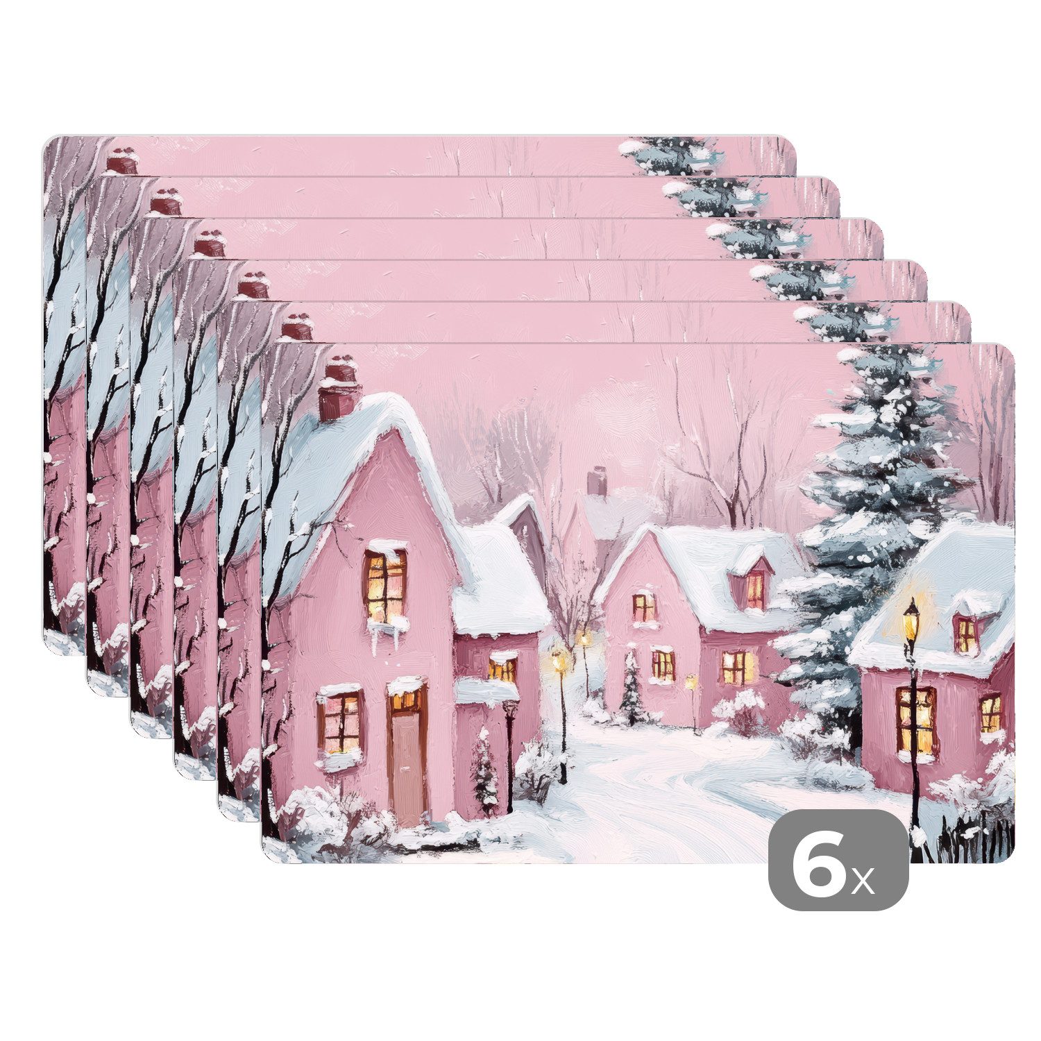 MuchoWow Platzset Weihnachtsdorf - Rosa - Winter - Schnee - Häuser, (6-St), günstig online kaufen