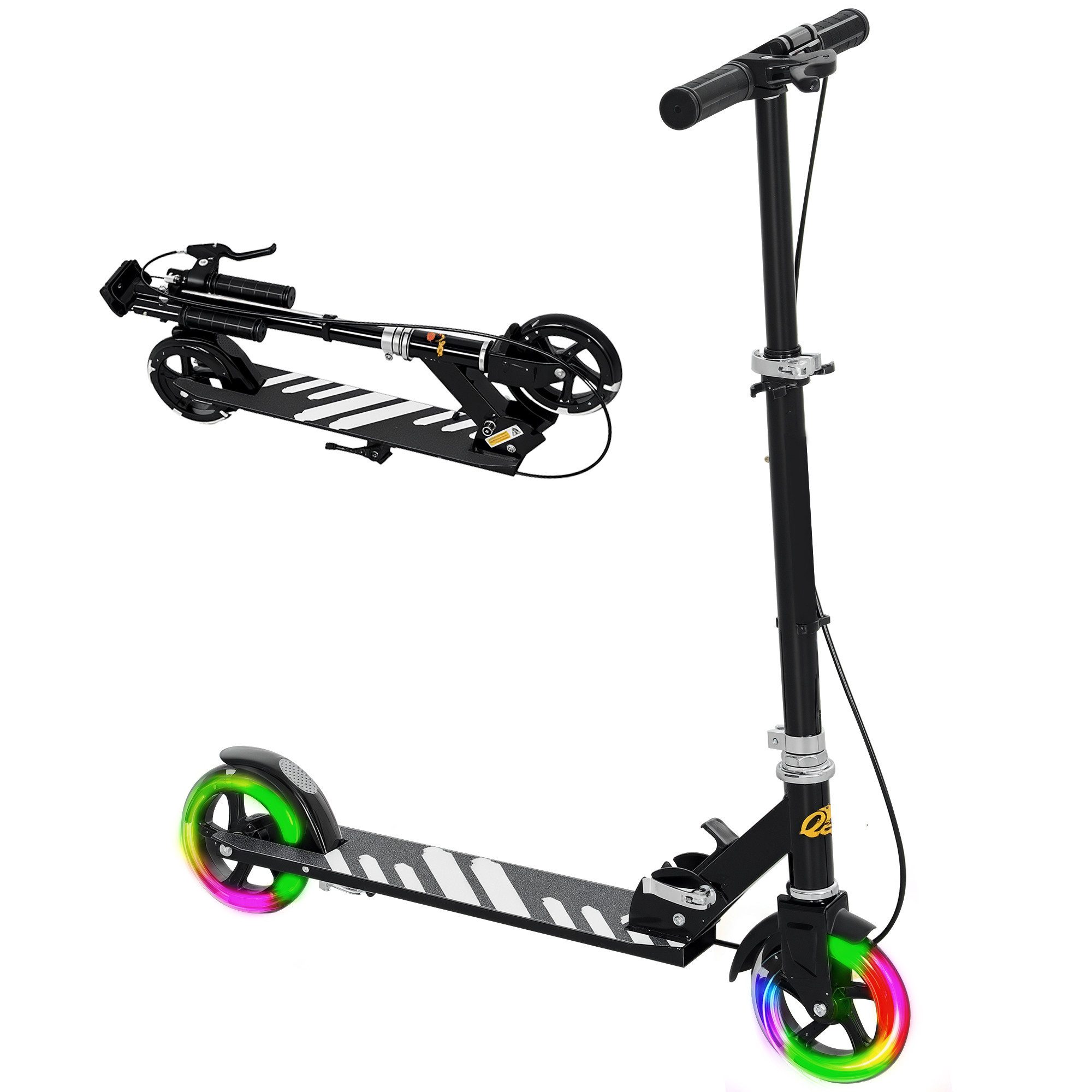 Luckice Elektro-Kinderroller doppelte Bremsen, Metallrahmen, Fußstütze, klappbar, 3-8 Jahre, Schwarz, höhenverstellbar 73-89 cm