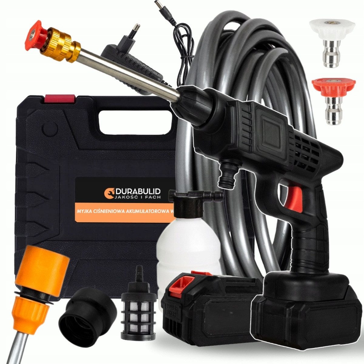 Hikey Akku-Mitteldruckreiniger Akku-Druckreiniger 26 bar 2 × 21 V, Druck max: 26 bar, Fördermenge max: 210 l/h, (Set, 9 tlg., 2 Akkus, Ladegerät, Koffer), 26 bar, 2 Akkus 21 V, Saugschlauch 5 m, Schaumflasche, Koffer