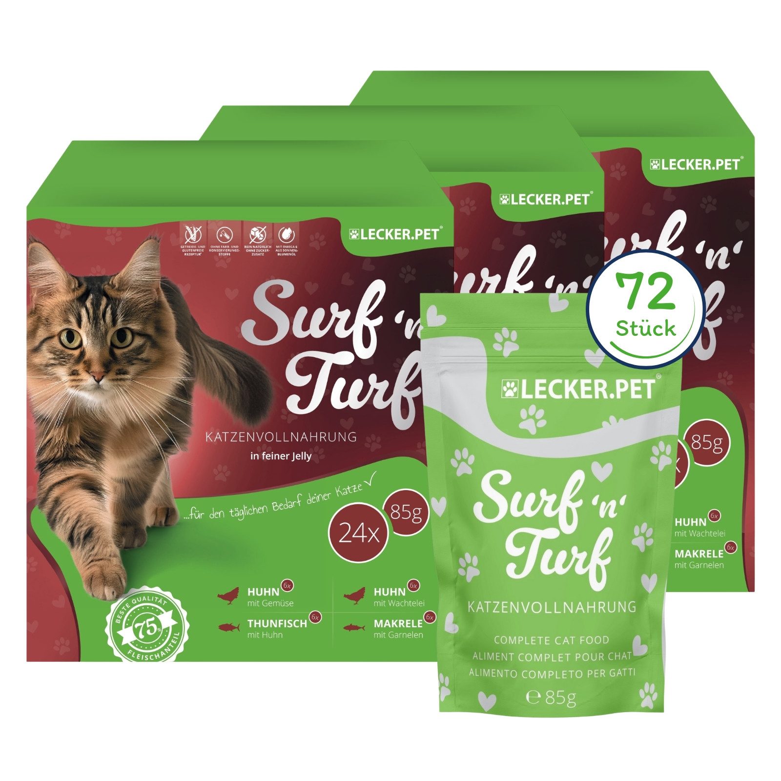 Lyra Pet 72 x 85 g Lecker.Pet® Surf'n'Turf Pouches Katzenfutter in feiner Jelly Fisch, 24St.