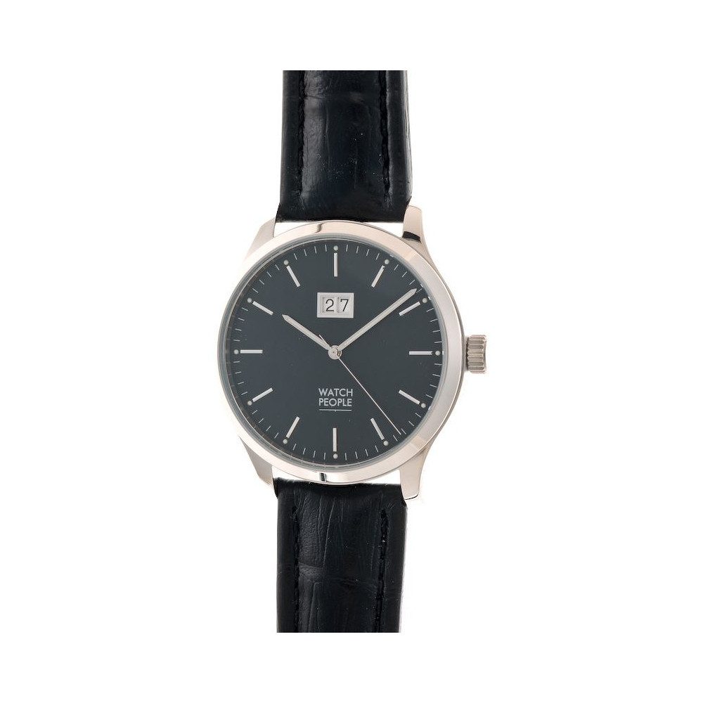 Watchpeople Quarzuhr Herren Argos Edelstahl Lederband Schwarz Silber Datum WP-9000551, flaches Mineralglas, Leuchtzeiger