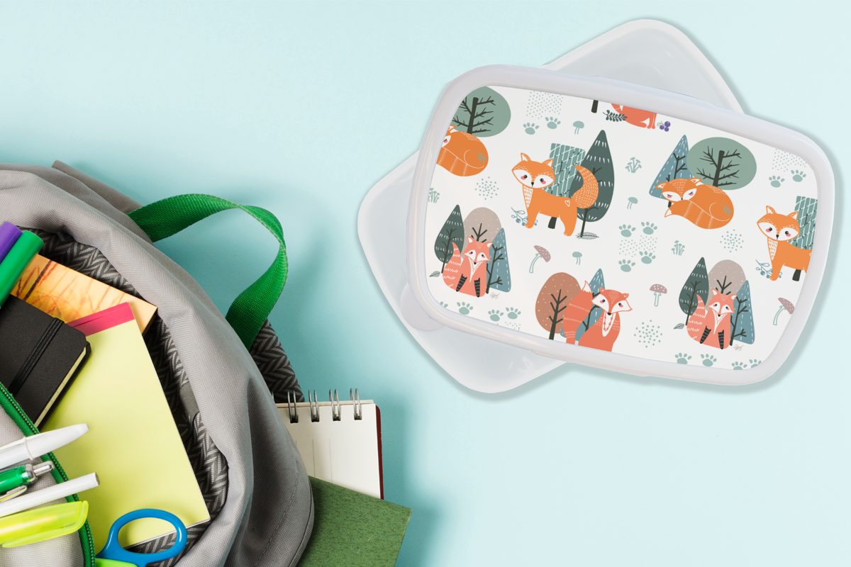 MuchoWow Lunchbox Muster - - Erwachsene, für Fuchs Brotbox Brotdose, Kinder Jungs und und Kunststoff, Mädchen Baum, weiß für (2-tlg)