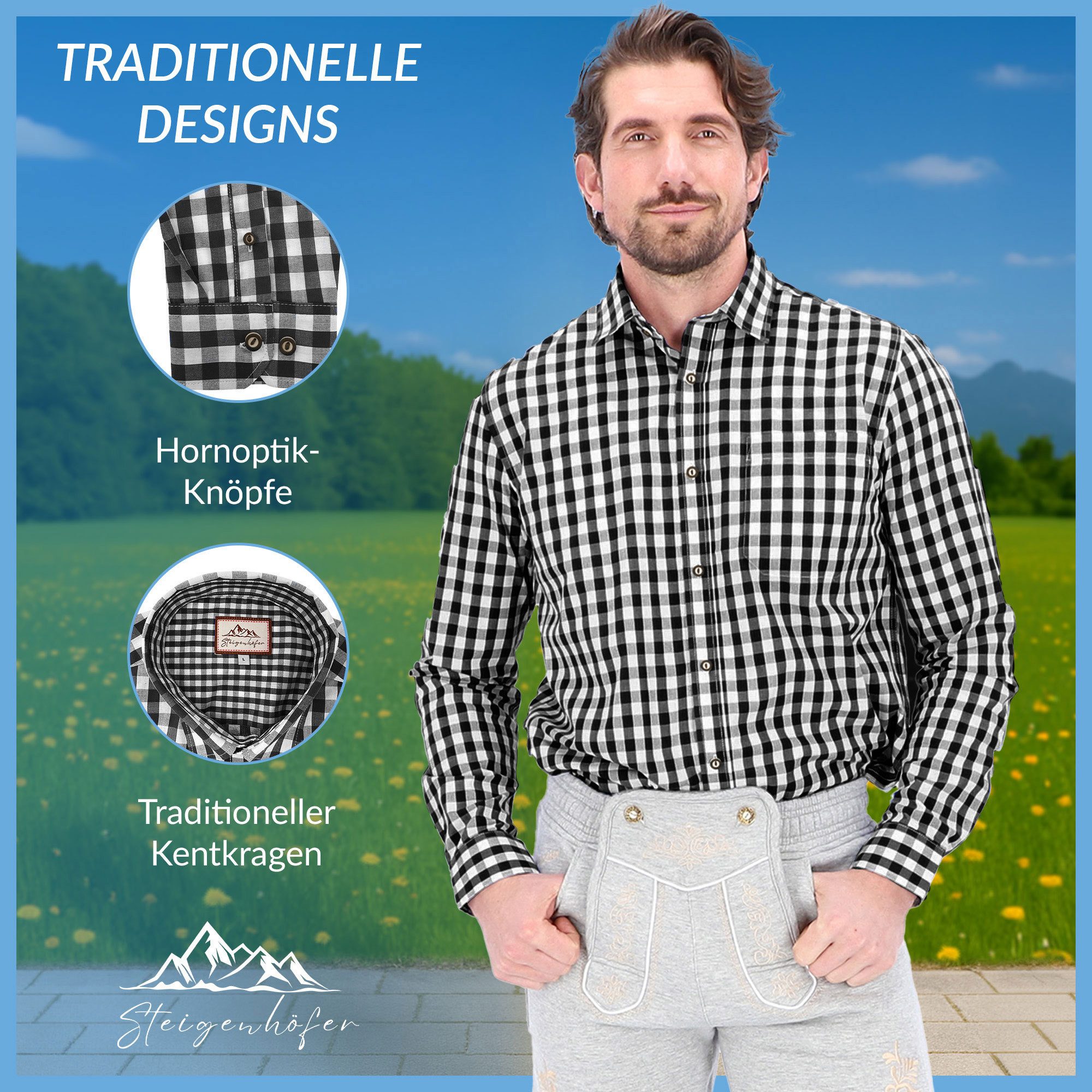 Steigenhöfer Manufaktur Trachtenhemd Herren Langarm - Basti - Traditionelles Herren Hemd - Hornoptik-Knöpfe Traditioneller Kentkragen und angenehmer Tragekomfor – Bild 4 von 5