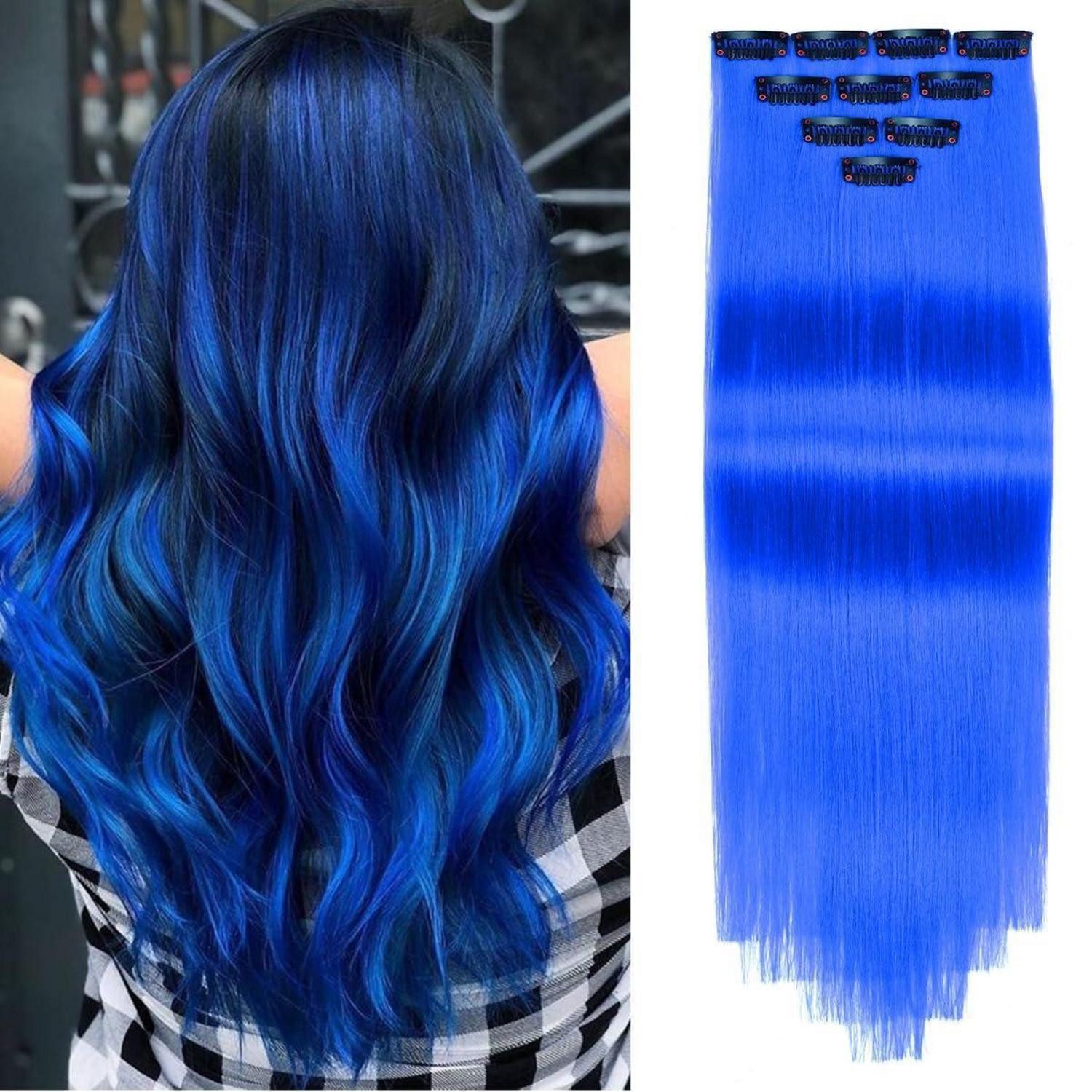 LuxusKollektion Kunsthaar-Extension Haarverlängerungen Clip in 22 Zoll 10 Stück Haarsträhnen Blau