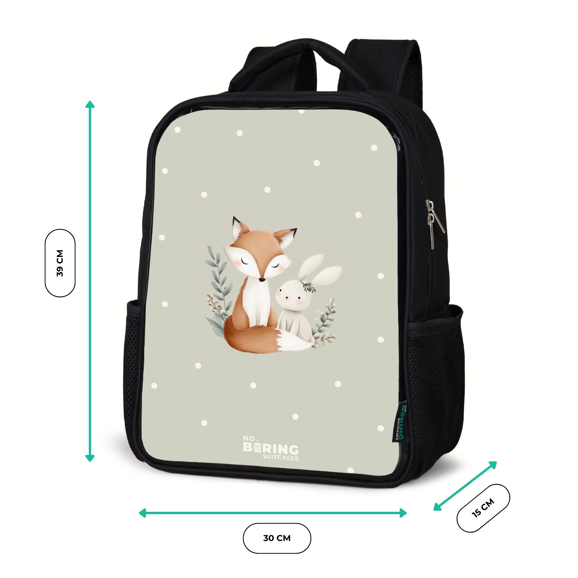 NoBoringSuitcases.com© Rucksack Fuchs und Kaninchen umgeben von grünen Blättern und Punkten, Kinderrucksack Schwarz, Schulrucksack, Freizeitrucksack Jungen Mädchen