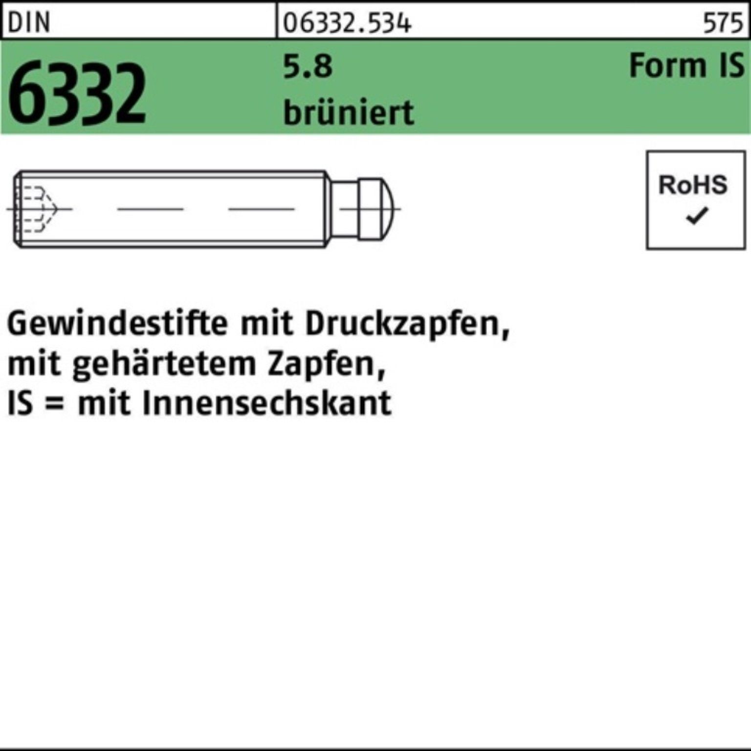Gewindebolzen 100er Pack 063325340060030 Gewindestift DIN 6332 Form IS m.Zapfen/Inne
