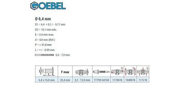 GOEBEL GmbH Blindniete 7779964160, (250x Hochfeste Blindniete Edelstahl A2-V2A / Edelstahl A2-V2A 6,4x16,0mm, 250 St., Niete mit gerilltem Nietdorn), Senkkopf – M-LOCK