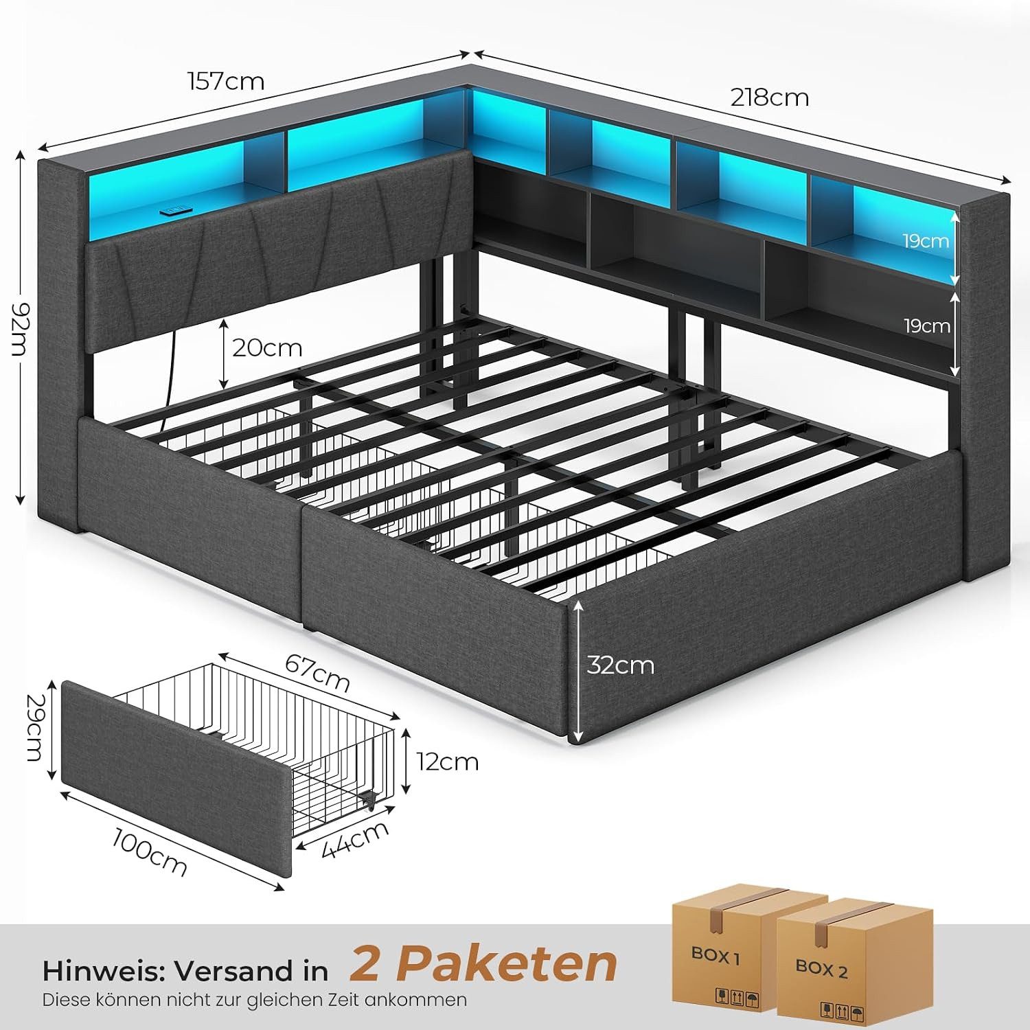 MSMASK Polsterbett mit LED-Beleuchtung & Ladestation, 9 Staufächern & 2 Schubladen, Grau (1-tlg), LED-Beleuchtung, USB-Ladestation, gepolstertes Kopfteil