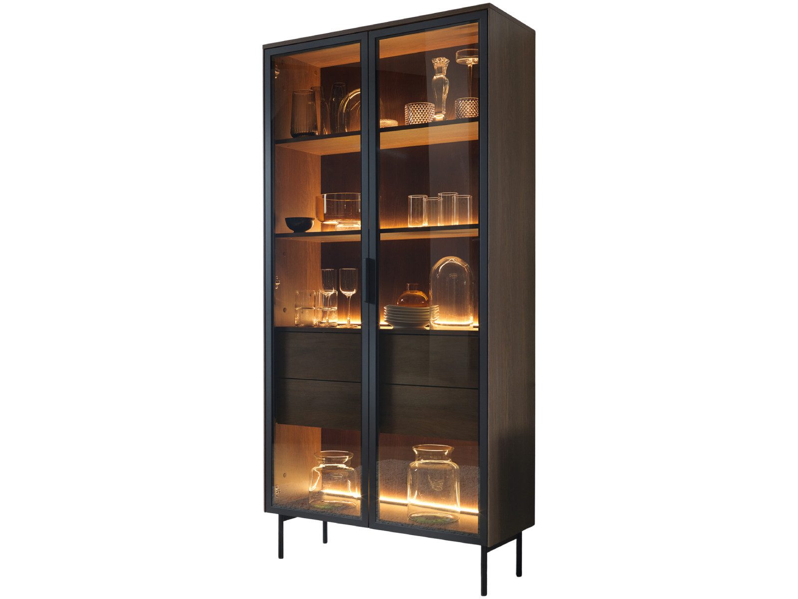 yourhouse24 Glasvitrine LUMI mit Schubladen & LED – Eiche Dunin oder Kaschmir Riffelglas