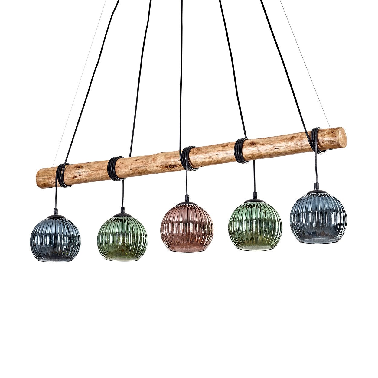 hofstein Pendelleuchte Hängelampe aus Metall/Holz/Riffelglas Schwarz/Natur/Kupfer/Blau/Grün, ohne Leuchtmittel, Hängeleuchte Retro/Vintage mit Holzbalken und Gl – Bild 2 von 5