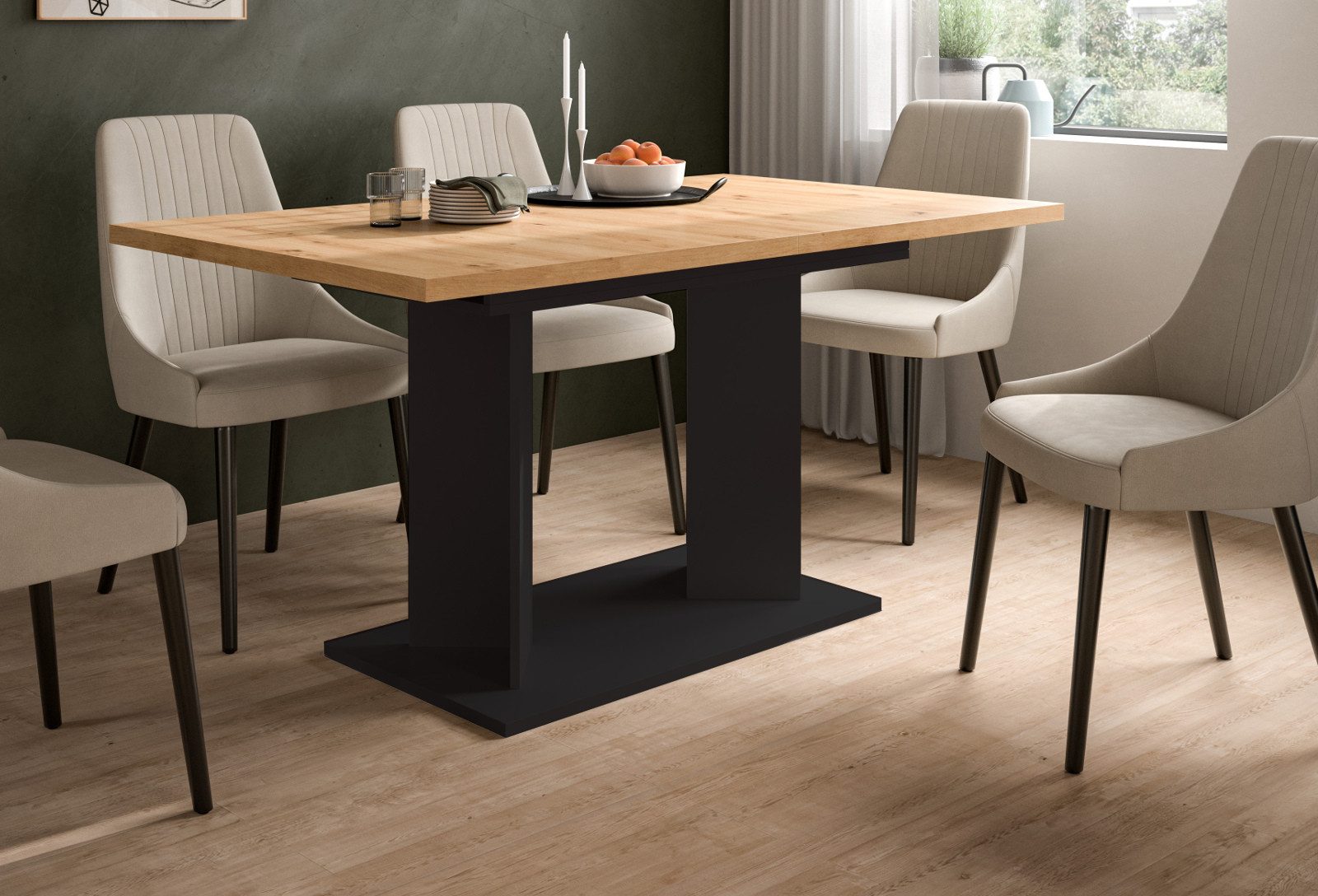 Inn.Furn Säulen-Esstisch Anton (Esszimmer Tisch in Eiche Artisan mit Schwarz, ausziehbar von 150 - 190 cm), für 2 bis 8 Personen