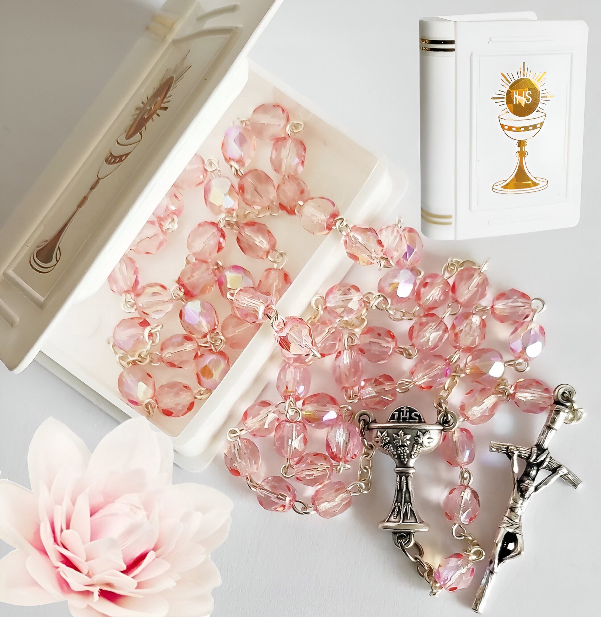 Festivalartikel Collier Kommunionsrosenkranz für Mädchen, Rosa Kristall, Metall, in Schachtel