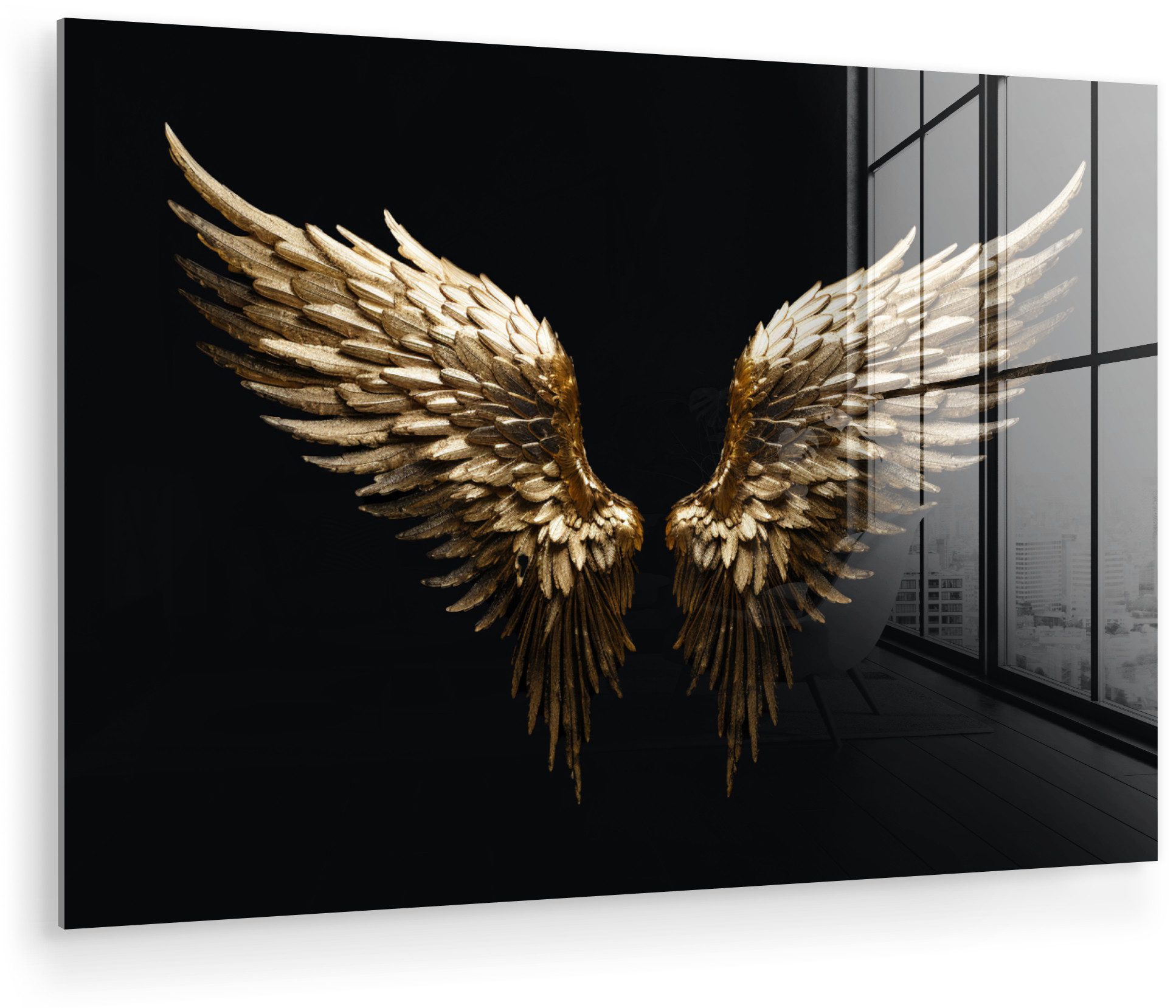MuchoWow Acrylglasbild Flügel - Engel - Gold - Schwarz - Abstrakt, Inkl. Aufhängung, Glasbilder Wohnzimmer & Schlafzimmer XXL, 122x82 cm