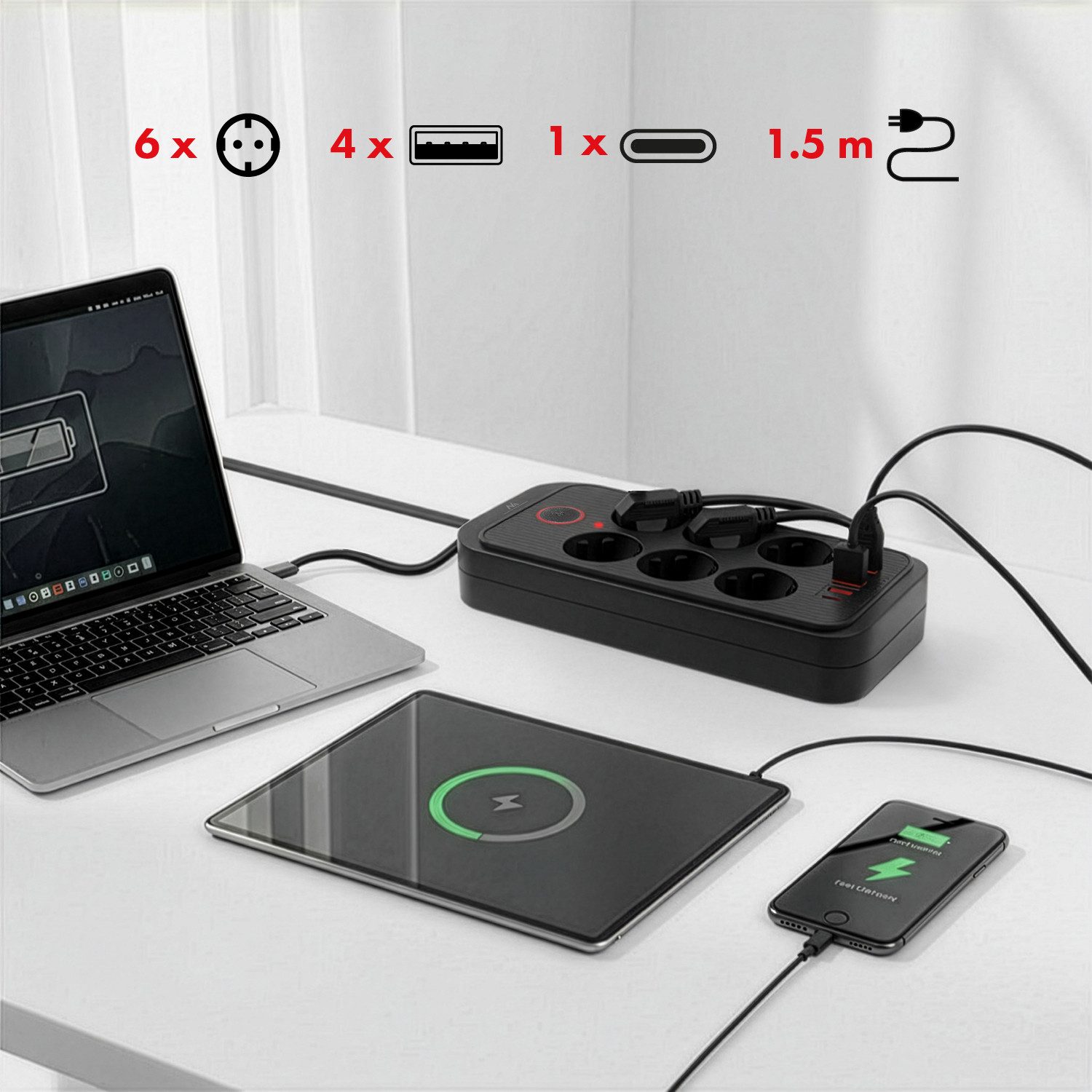 Maclean Steckdosenleiste 6 Steckdosen 2500W 4xUSB Mehrfachsteckdose 6-fach (Ein-/Ausschalter, Kabellänge 1,5 m), 110-240V AC 50/60Hz, 2,1A max 2500W – Bild 3 von 5