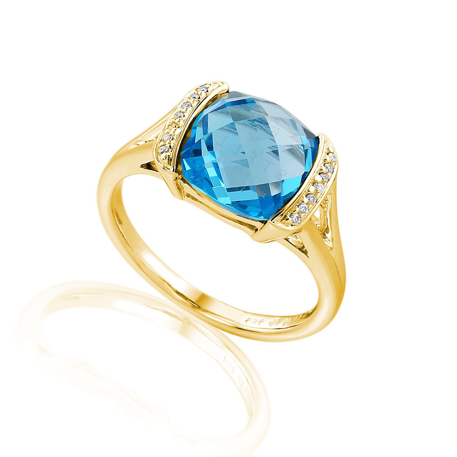 Solitärring Gelbgold Damenring mit Blautopas und Brillanten