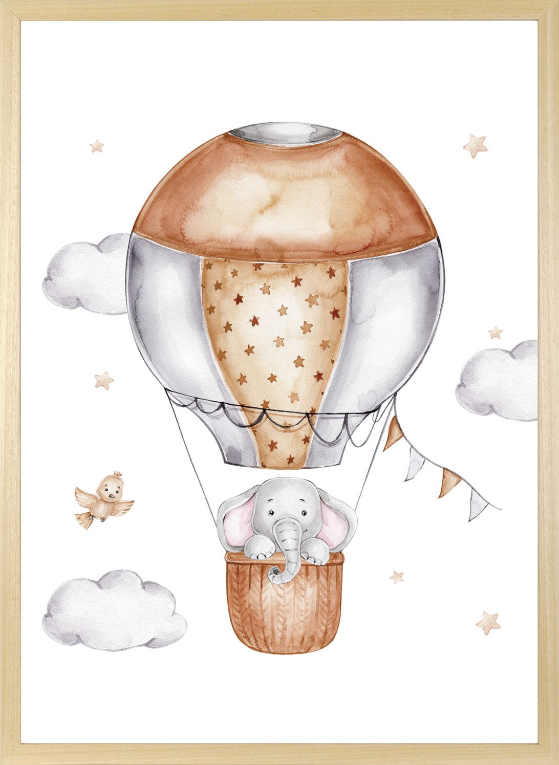 queence Bild mit Rahmen Elefant im Heißluftballon, Ballonfahren, Bilder vom Sternenhimmel, Elefant, Elefanten, Elefanten Bilder, Heißluftballon, Himmel, Himmelsbilder, Stern, Sterne, Tiere, Wolken (1 St), HD Premium Posterdruck mit Echtholzrahmen