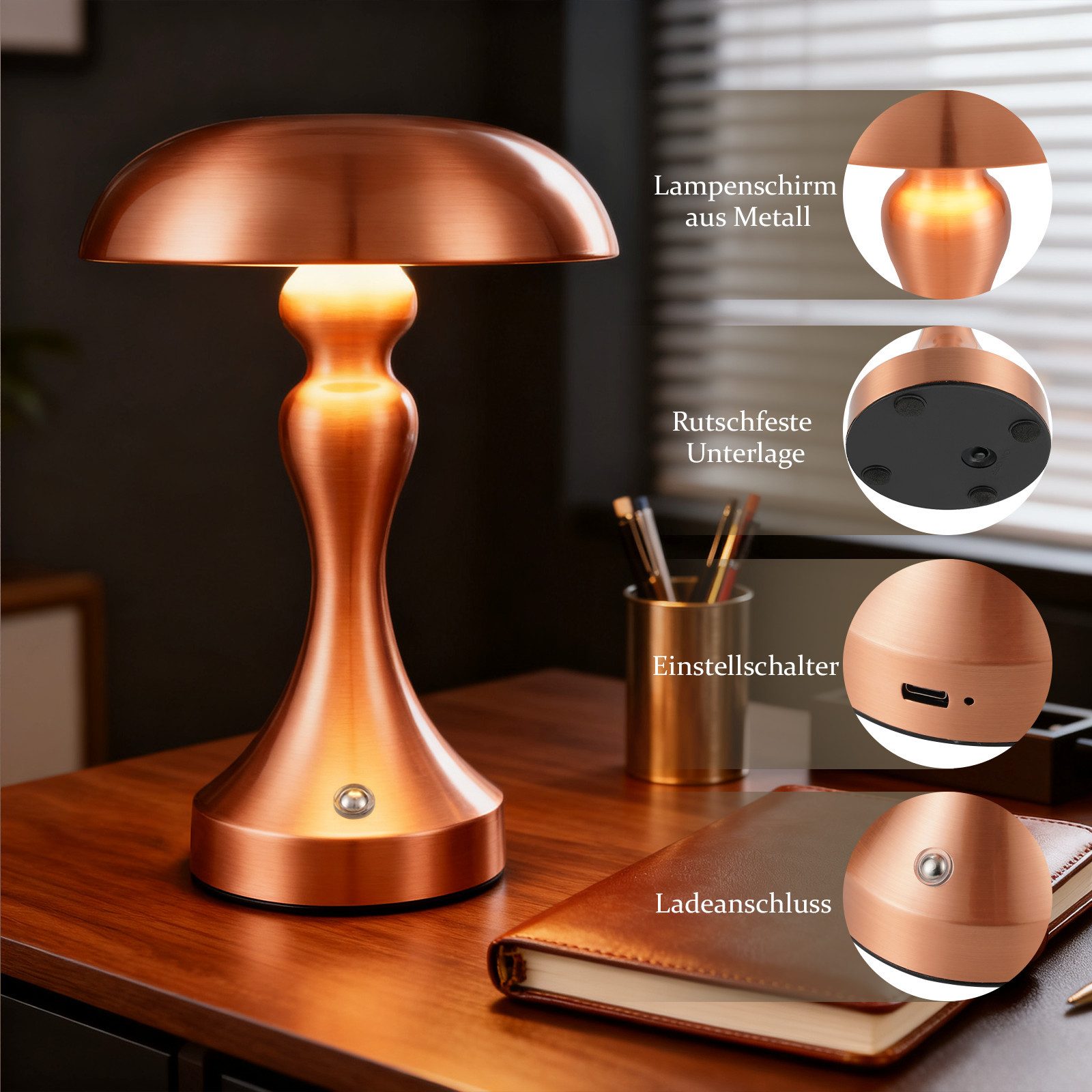Nettlife LED Nachttischlampe Touch Dimmbar Kabellos Akku Tischleuchte Vintage mit USB Aufladbar, Dimmbar, LED fest integriert, Batterie Tischlampe für Fensterbank Wohnzimmer Schlafzimmer