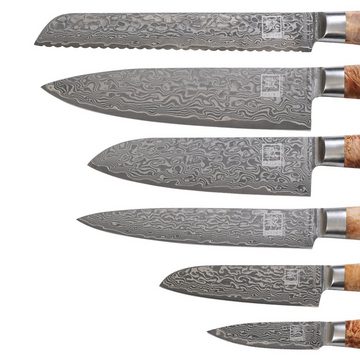 ZAYIKO Messer-Set Kinone 6er Damastmesser-Set I 8-20 cm Klingen I Wurzelholzgriffe Birke, dunkler Damaststahl