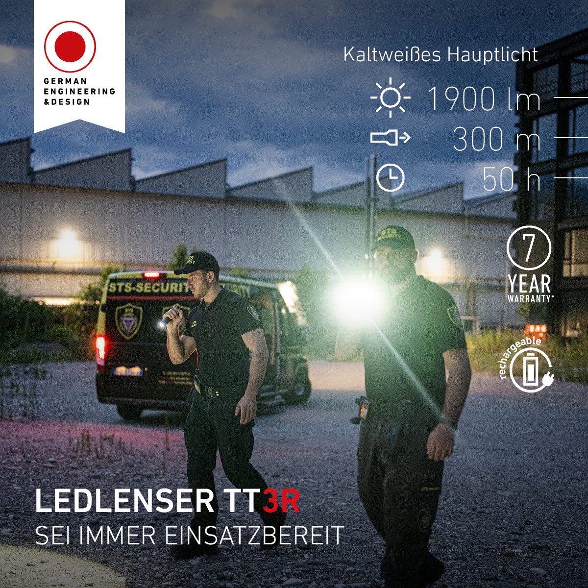 Ledlenser Taschenlampe TT3R, Taktisches Lichtbild, 1900 lm, 300m Leuchtweite, 50h, IP68, mit Akku