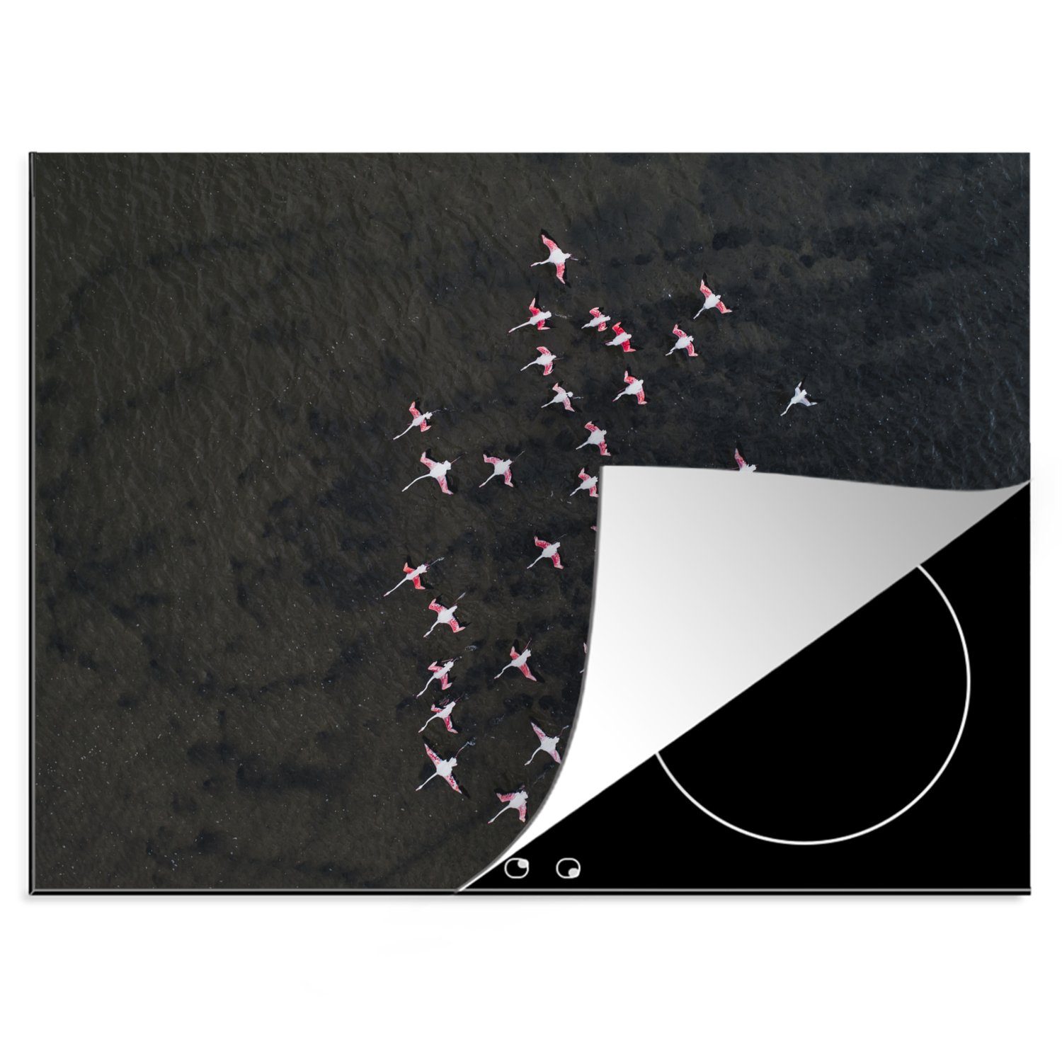 MuchoWow Herdblende-/Abdeckplatte Flamingos im Flug über dem Gebiet von Gruissan in Frankreich aus der, Vinyl, (1 tlg), 70x52 cm, Mobile Arbeitsfläche nutzbar, Ceranfeldabdeckung | Herdabdeckplatten