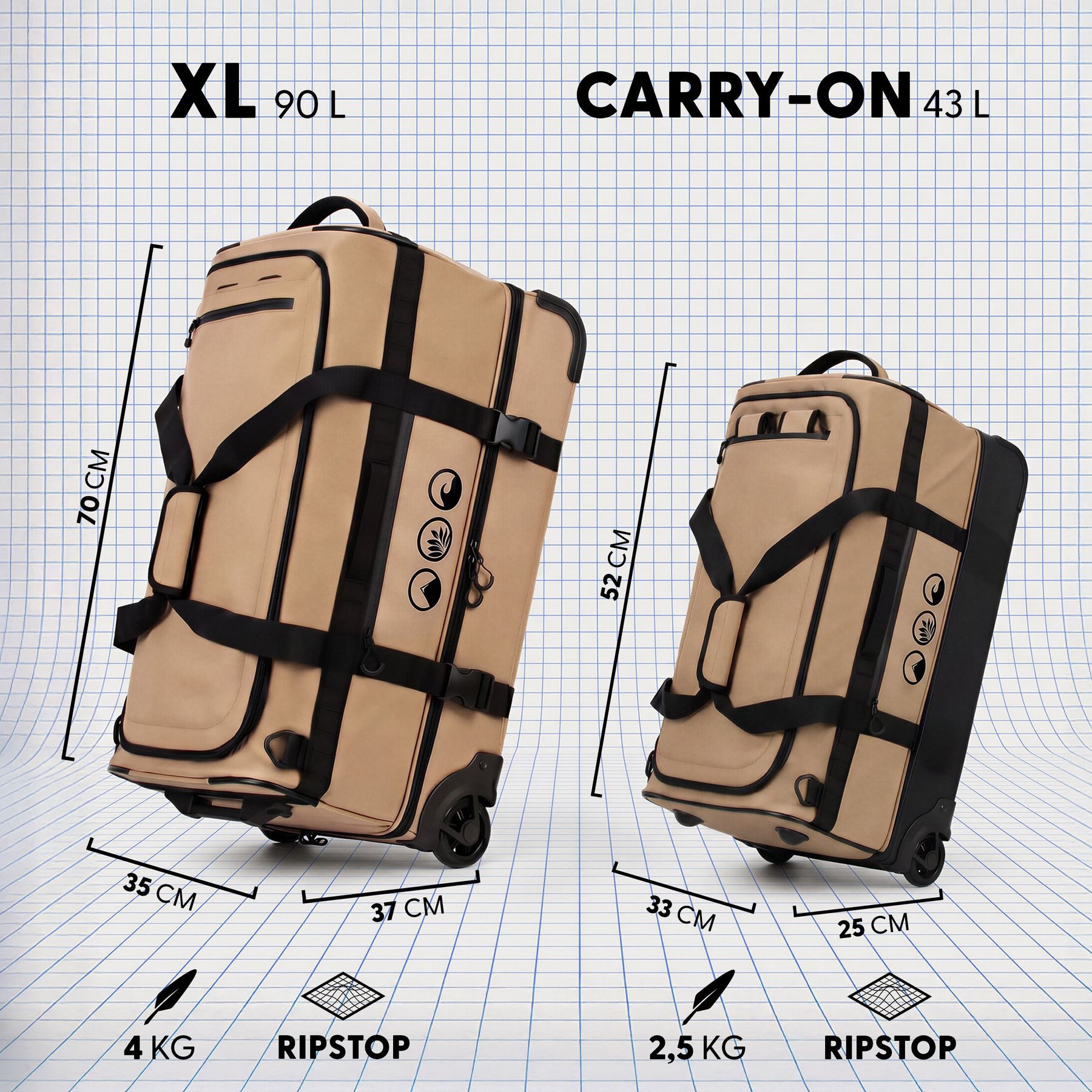 SONS OF ALOHA Koffer 3in1 Reisetasche, Koffer & Rucksack FLOW Schuhfach Handgepäck beige, 3in1 Hybrid Handgepäck Koffer & Rucksack aus recycelten Materialen