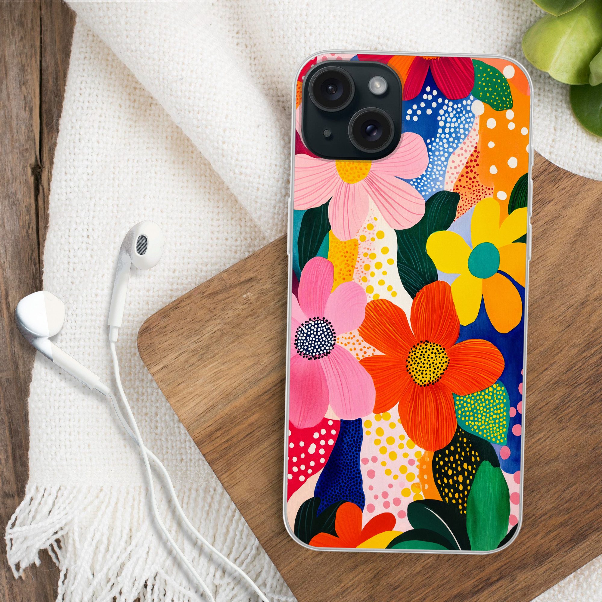MuchoWow Handyhülle für Apple iPhone 15 Plus Blumen - Bunt - Tupfen, Smartphone-Bumper, Print, Handy Schutzhülle Dünn