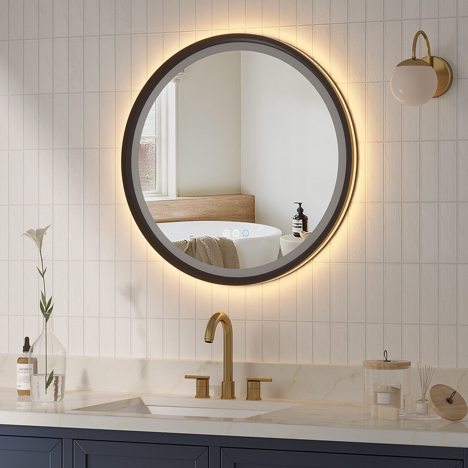 AQUALAVOS Rahmenspiegel-rund Badspiegel mit Beleuchtung Rund 60 cm Aluminiumrahmen Touch Schalter, LED Beleuchtung Dimmbar Kaltweiß & Warmweiß Touchschalter Alu – Bild 3 von 5