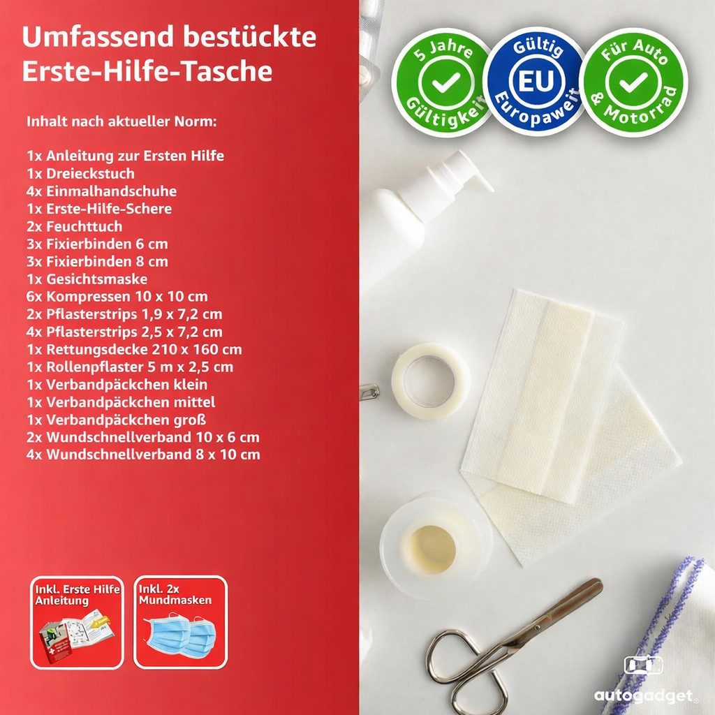 autogadget® KFZ-Verbandtasche Verbandstasche Norm 2025 - KFZ - DIN13164:2022, (Packung)