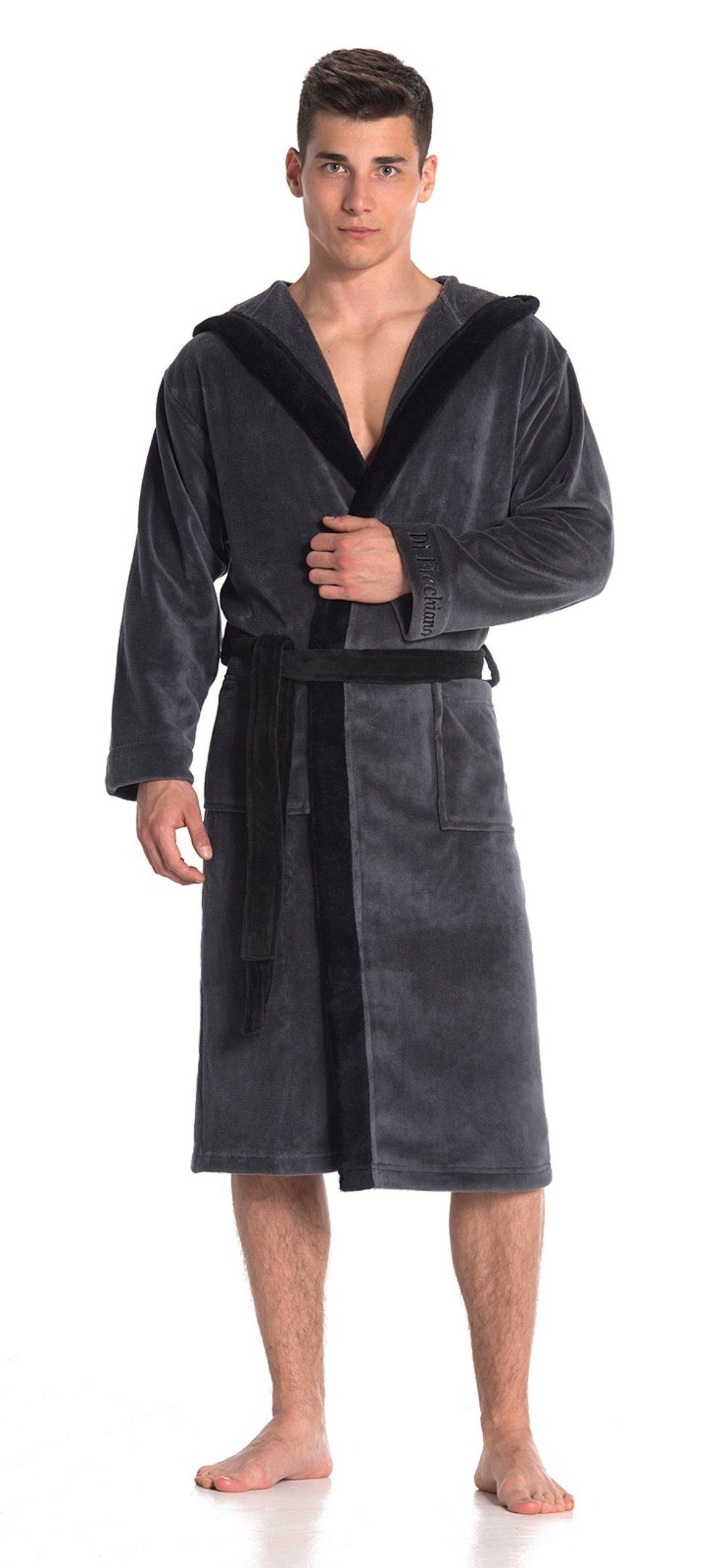 Di Ficchiano Bademantel Di Ficchiano Herren Bademantel MONZA mit Kapuze, wadenlang, Polyester, Weitenverstellung, Bindegürtel