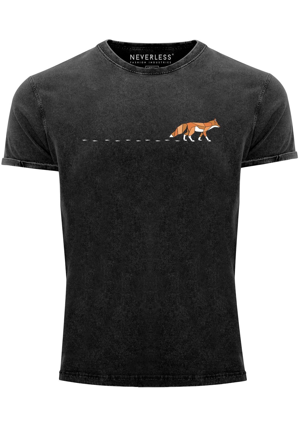 Neverless Print-Shirt Herren T-Shirt Vintage Fuchs Fox Wald Tiermotiv Logo Print Badge Fashi mit Print schwarz