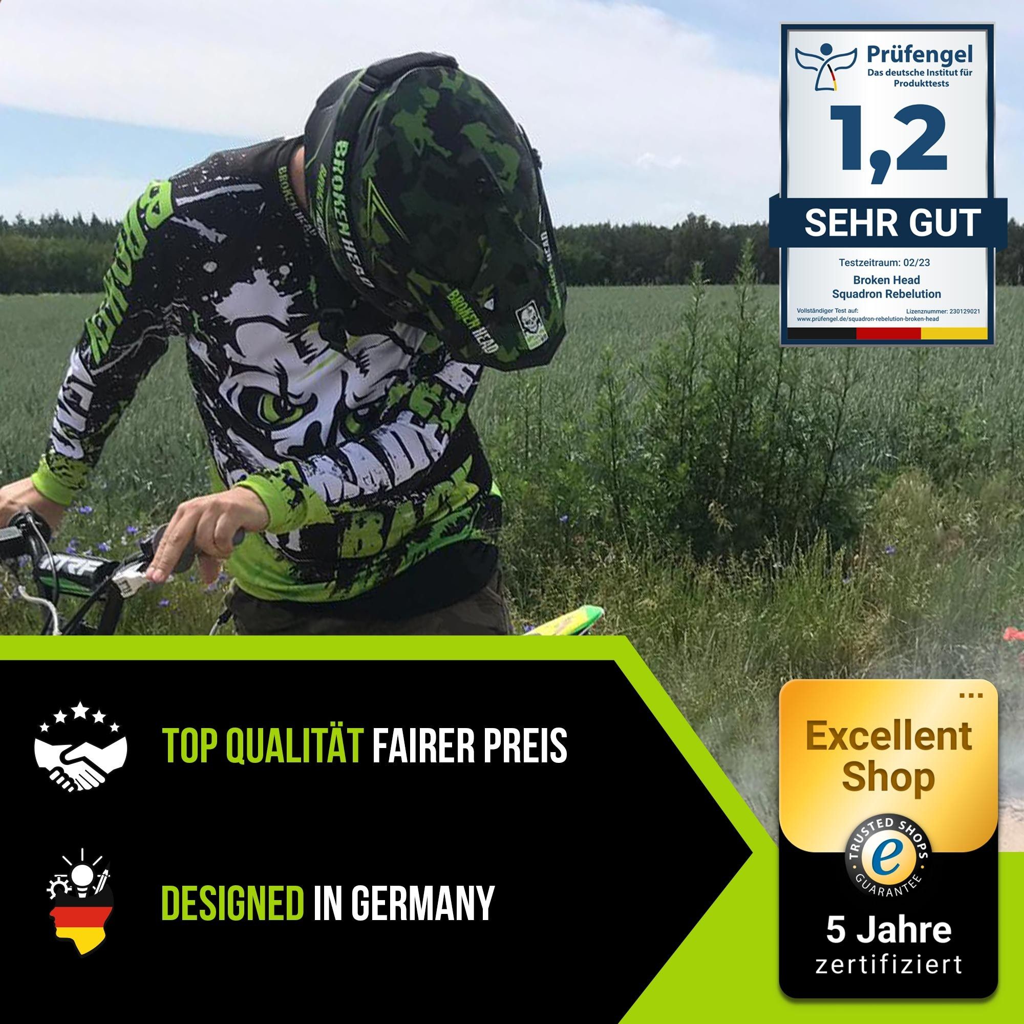 Broken Head Motocrosshelm Squadron Grün (Mit MX-2 Brille Schwarz), Zwei Verschlüsse