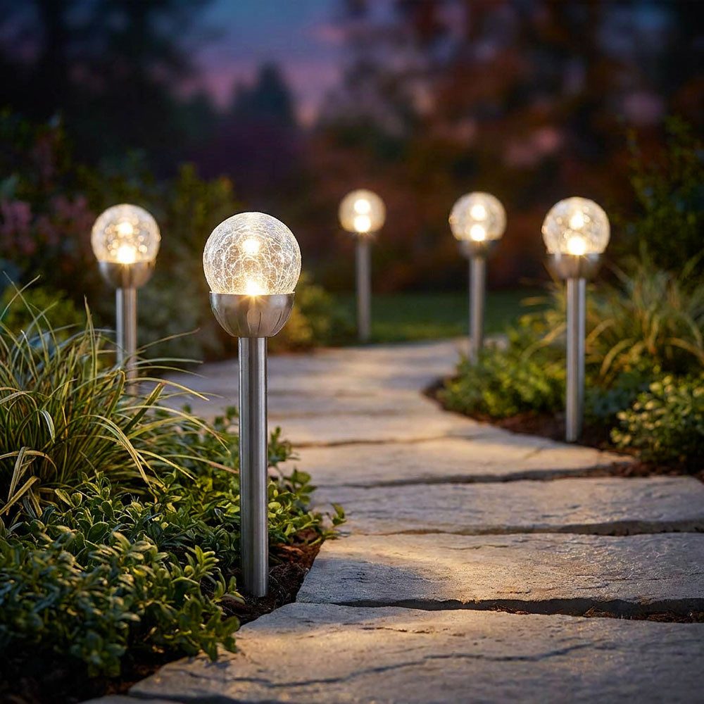 Expo Börse LED Solarleuchte, LED-Leuchtmittel fest verbaut, Warmweiß, 5x LED Solarsteckleuchte Edelstahl Glas silber Warmweiß IP44 H 24,5 cm
