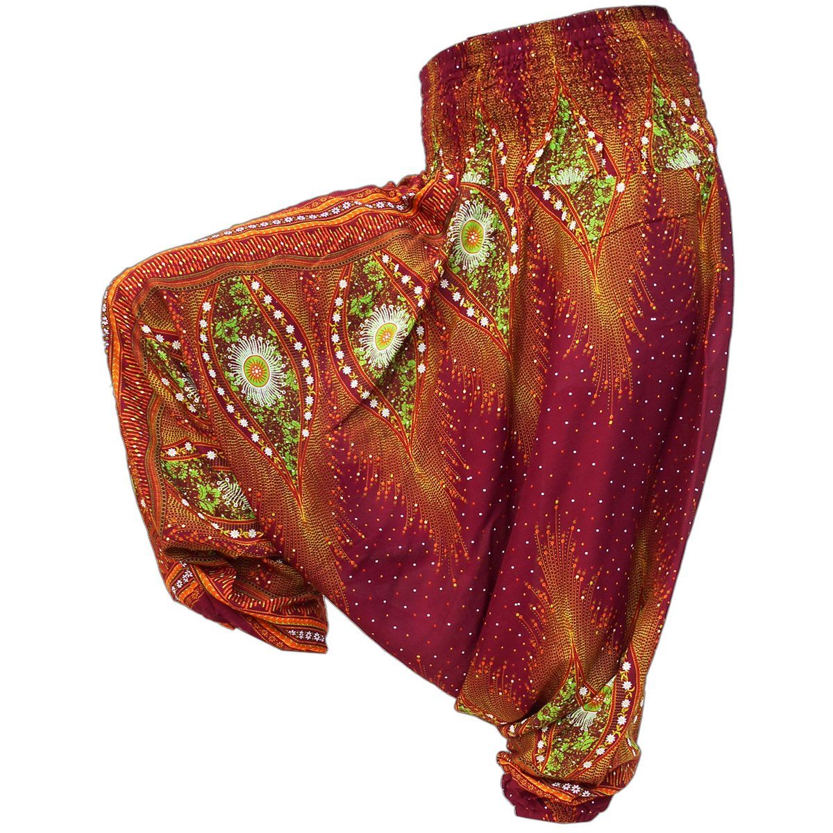 PANASIAM Stoffhose Aladinhose im schönen Peacock Design Haremshose aus 100% natürlicher Viskose auch als Overall tragbar Damen Pumphose bequeme Freizeithose V 16 | Weite Hosen