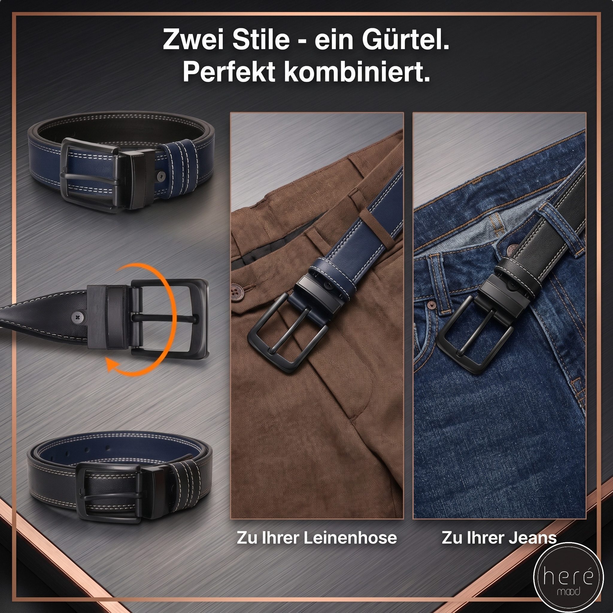 herémood Ledergürtel Herren Leder Gürtel 4cm, Ledergürtel, Herrengürtel, Vatertagsgeschenk (Gürtel Herren Blau & Schwarz 105 cm - Premium Ledergürtel - handgefe – Bild 4 von 5