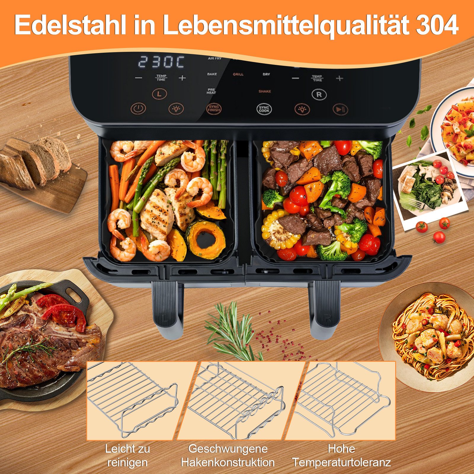 Kitcanis Backform Heißluftfritteuse zubehör für Cosori 8,5L mit zwei Zonen (CAF-R901), (Set 9-tlg), Allrounder, Gesund, Schnell zubereitet – Bild 4 von 5