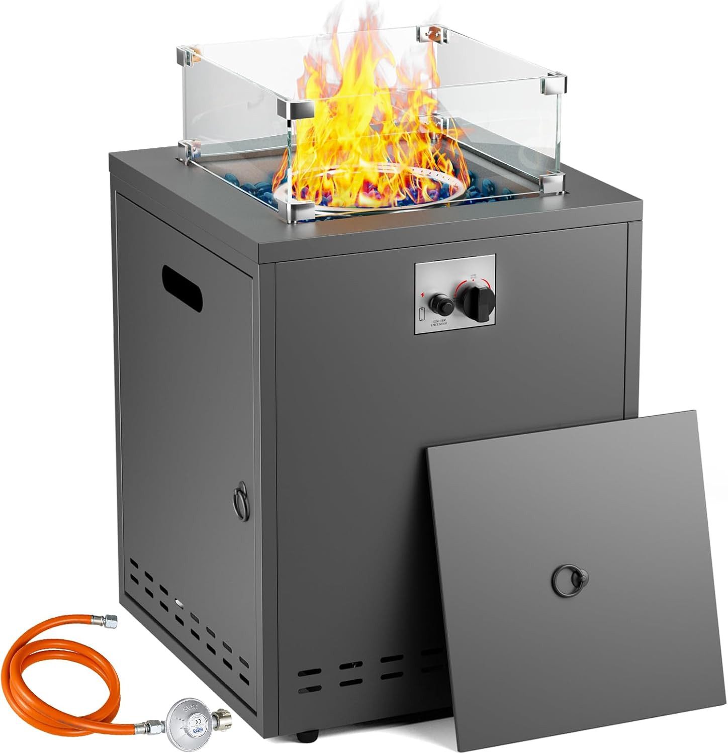 TLGREEN Feuerstelle Gas Feuerstelle 20 Zoll Quadratisch, (Outdoor Feuertisch mit Glaswindschutz 14,5 kW, Flüssiggas Gaskamin Garten Terrasse Balkon mit Schutzhülle Glassteinen), 4PCS Füße, 50x50x62cm