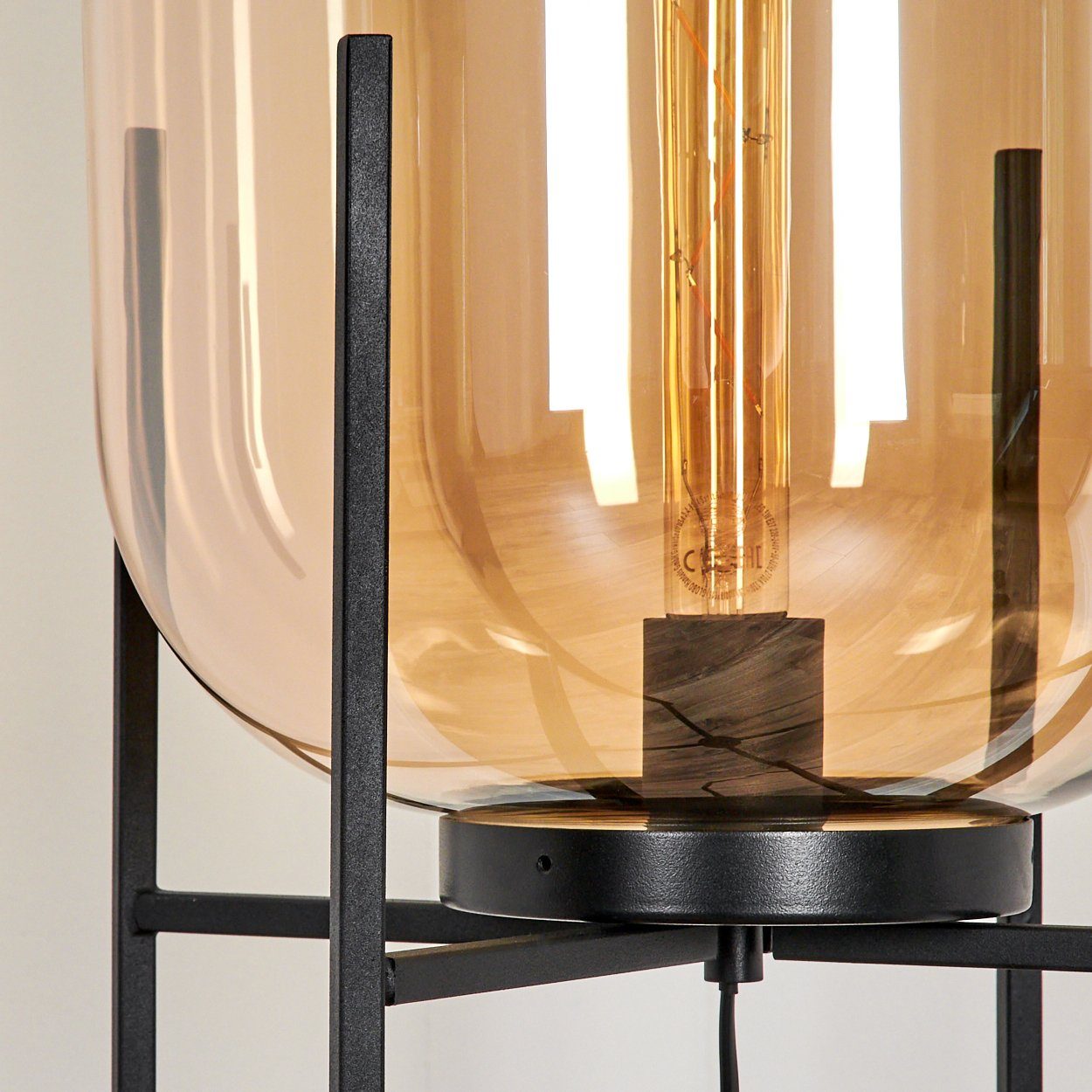 hofstein Stehlampe moderne Stehlampe aus Metall/Glas in Schwarz/Bernsteinfarben, ohne Leuchtmittel, Standleuchte, Glasschrim Ø30cm, Fußschalter, 1x E27, ohne Leuchtmittel