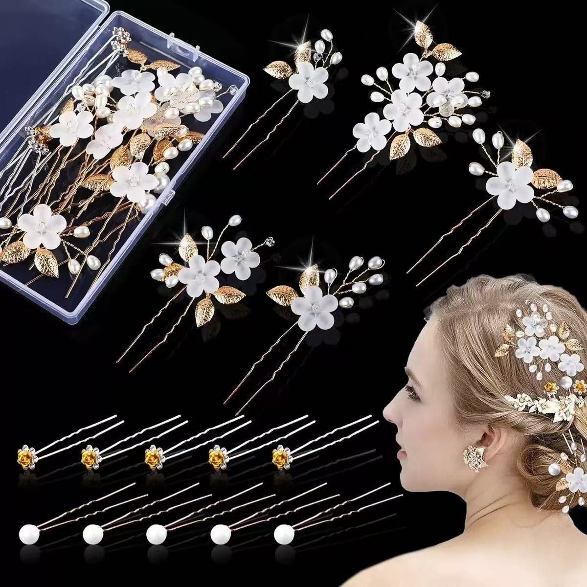 MOPUEA Haarnadeln 15 Stück Haarschmuck Hochzeit Set mit Perlen und Blume, Set, 15-tlg., U-förmig Haarspangen Strass, Haarnadeln für Braut und Brautjungfe