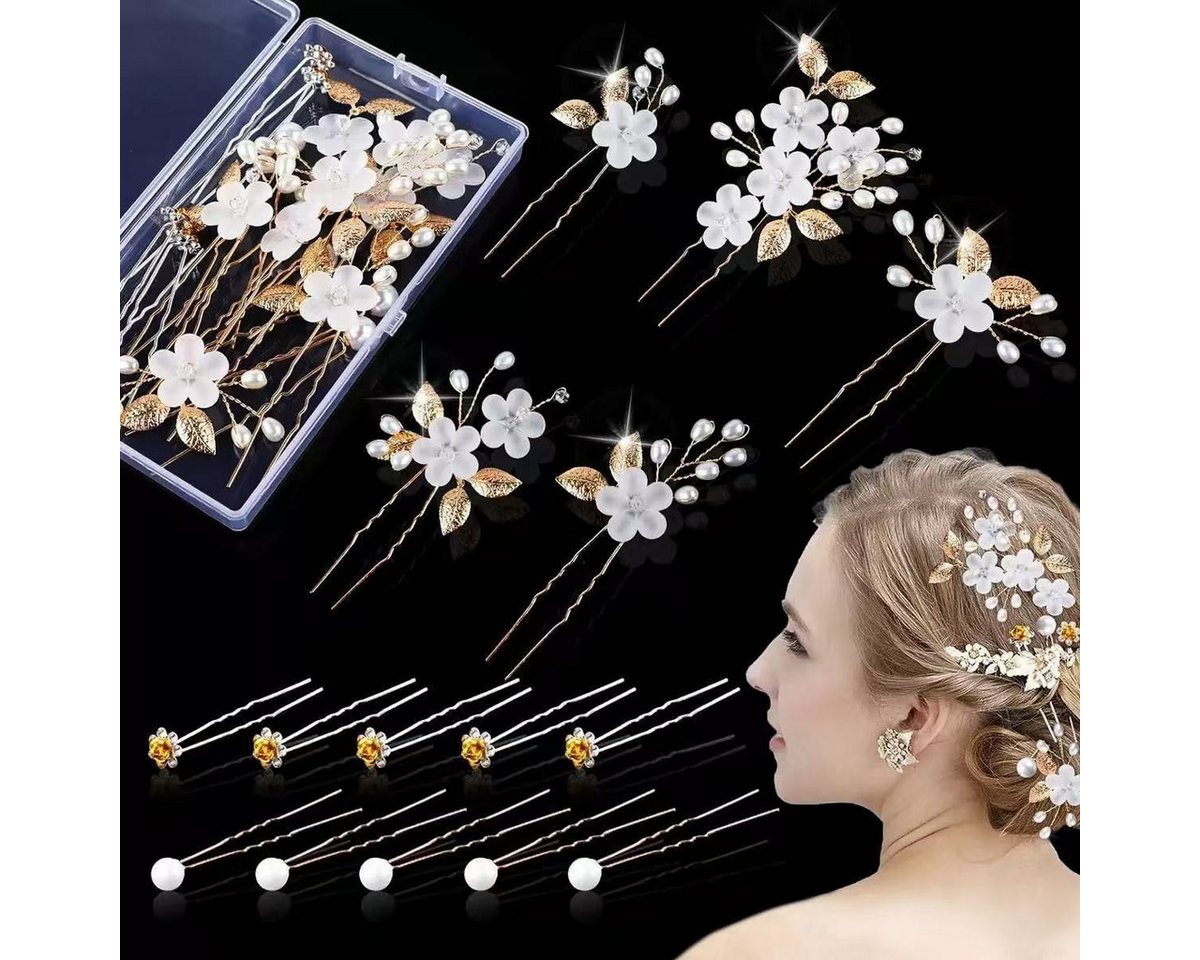 MOPUEA Haarnadeln 15 Stück Haarschmuck Hochzeit Set mit Perlen und Blume, Set, 15-tlg., U-förmig Haarspangen Strass, Haarnadeln für Braut und Brautjungfe