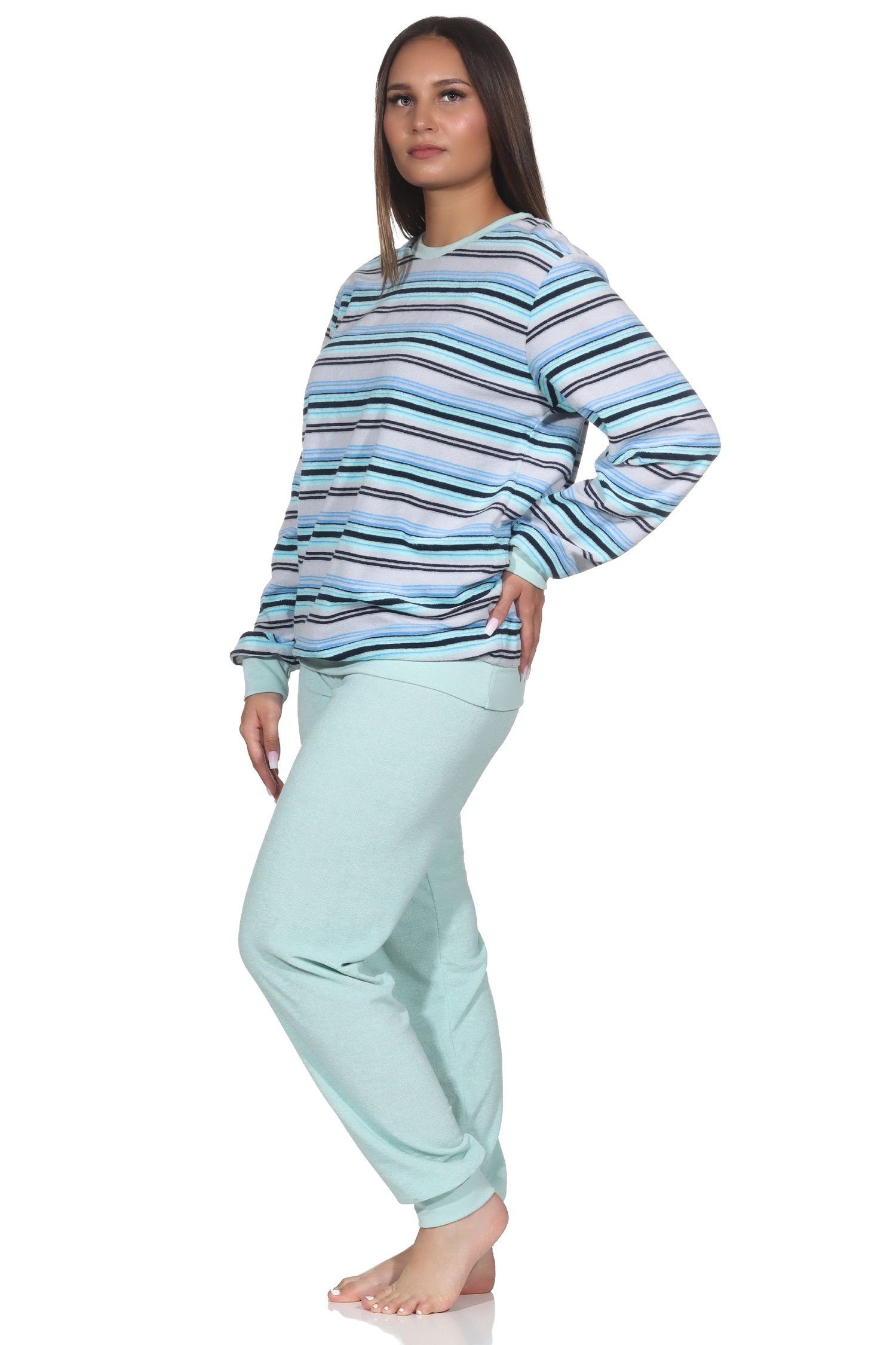 in Bündchen Schlafanzug Damen Pyjama mit Normann Frottee elegantem Streifendesign türkis