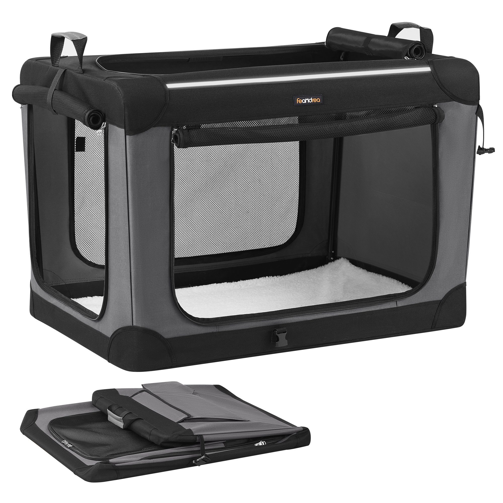 FEANDREA Tiertransporttasche Hundebox faltbar, Hundetasche, Taschen für Futter und Wasserflasche, 91,4 cm, große Hunde, Oxford-Gewebe, 4 Türen aus Netzstoff, Griffen