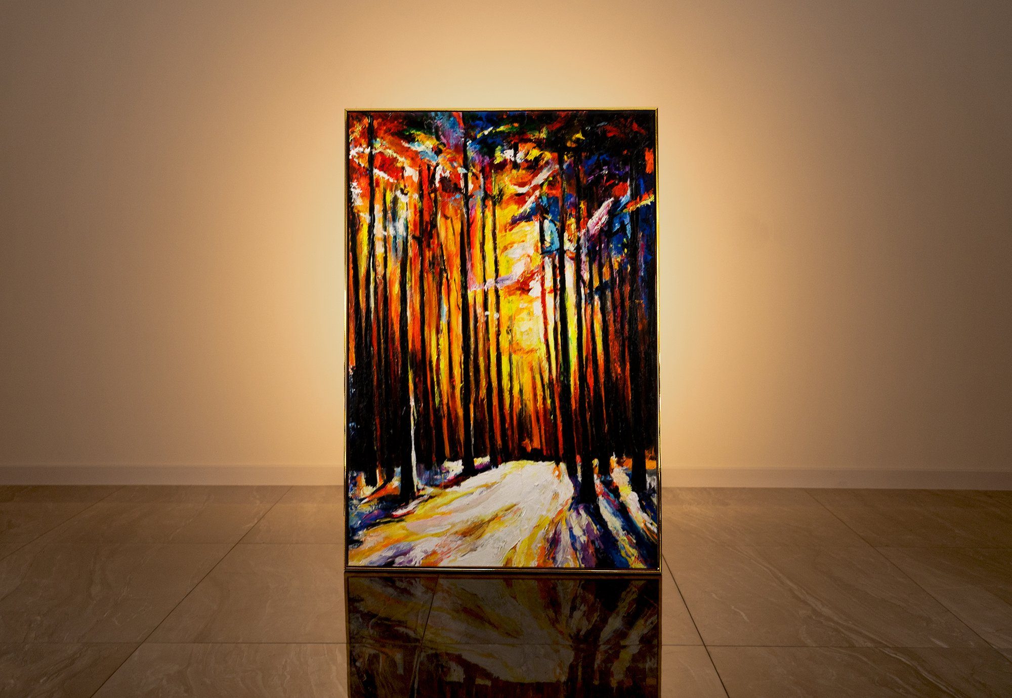 Gemälde YS-Art Gold Waldharmonie, Mit in Rahmen Wald