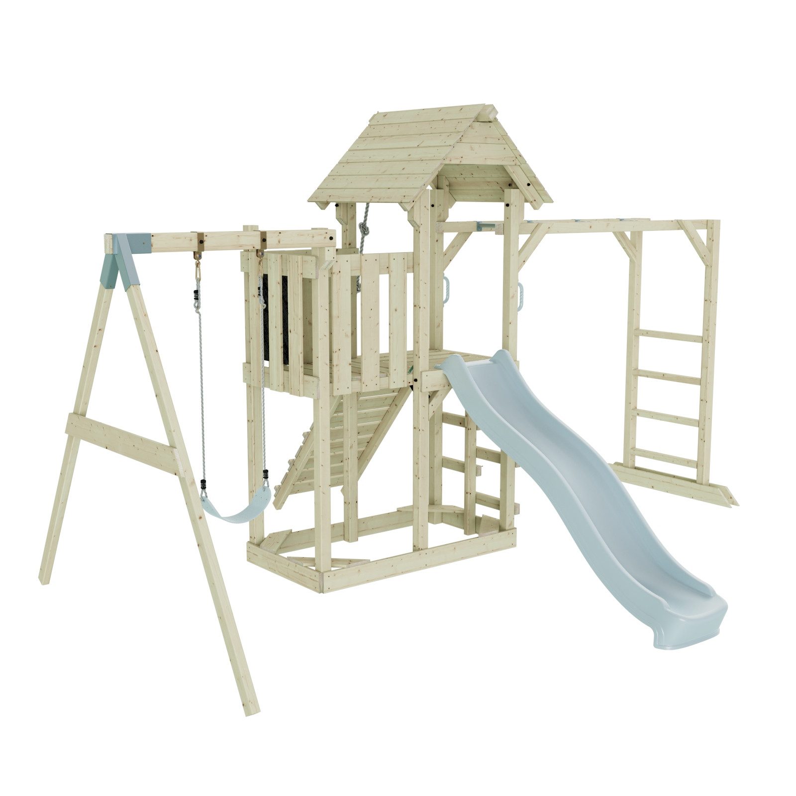 OutdoorToys Spielturm Strömsund, aus Holz in Eisblau mit Kinderschaukel & Rutsche